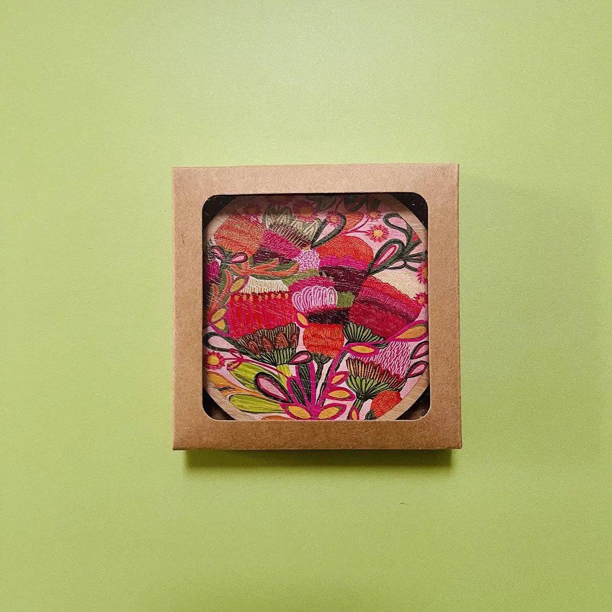 Premium Wild Blooms Australian Wooden Coaster Set - Natural Wood Drink Coasters for Home & Bar - Perfect for Coffee Tables, Dining Tables, and Outdoor Entertaining