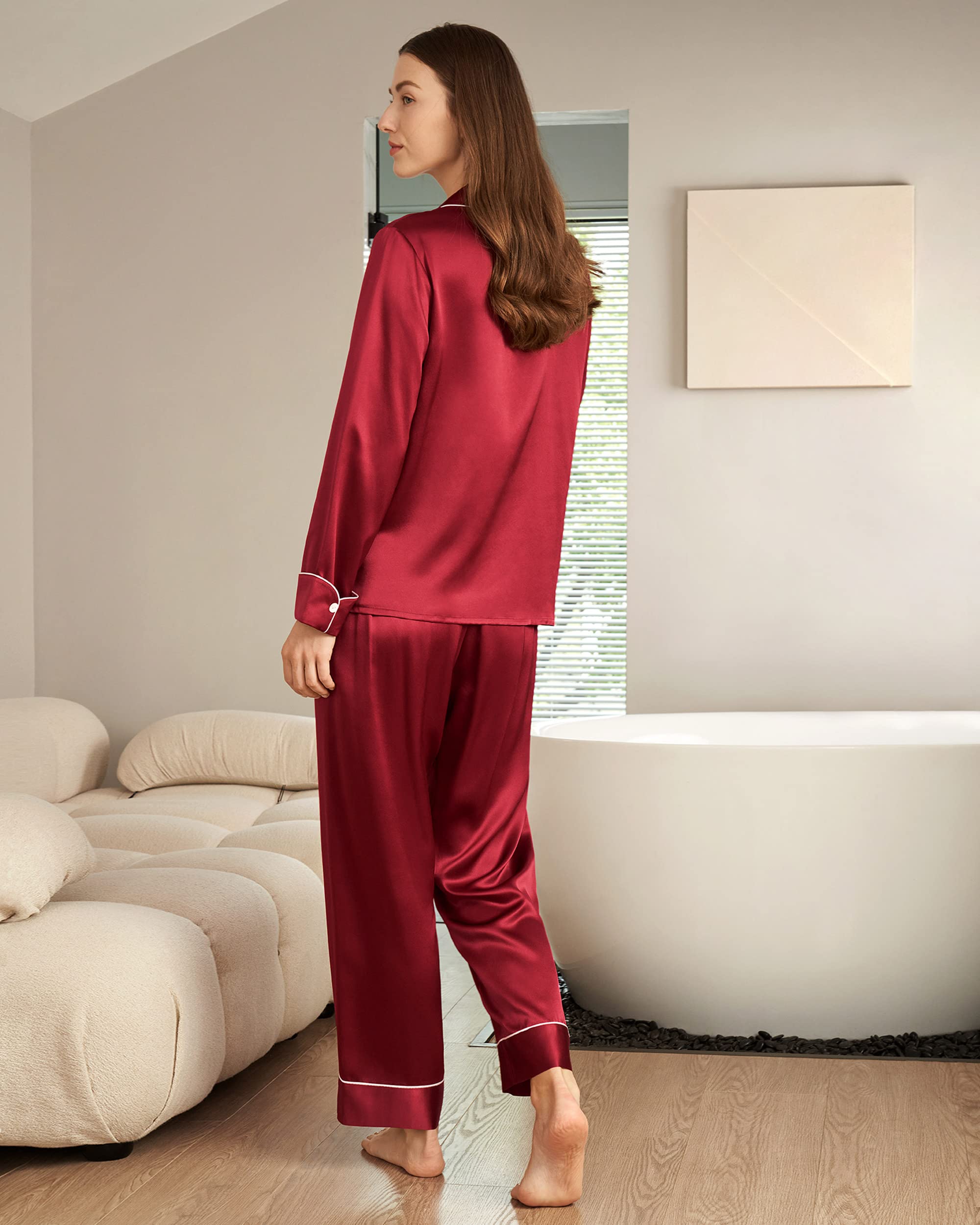 LilySilk Women's Long Silk Pajamas Set - V Neck Notched Collar with White Trim - Luxurious 100% Mulberry Silk Sleepwear for Women - Perfect for Relaxing at Home, Spa Days & Romantic Getaways