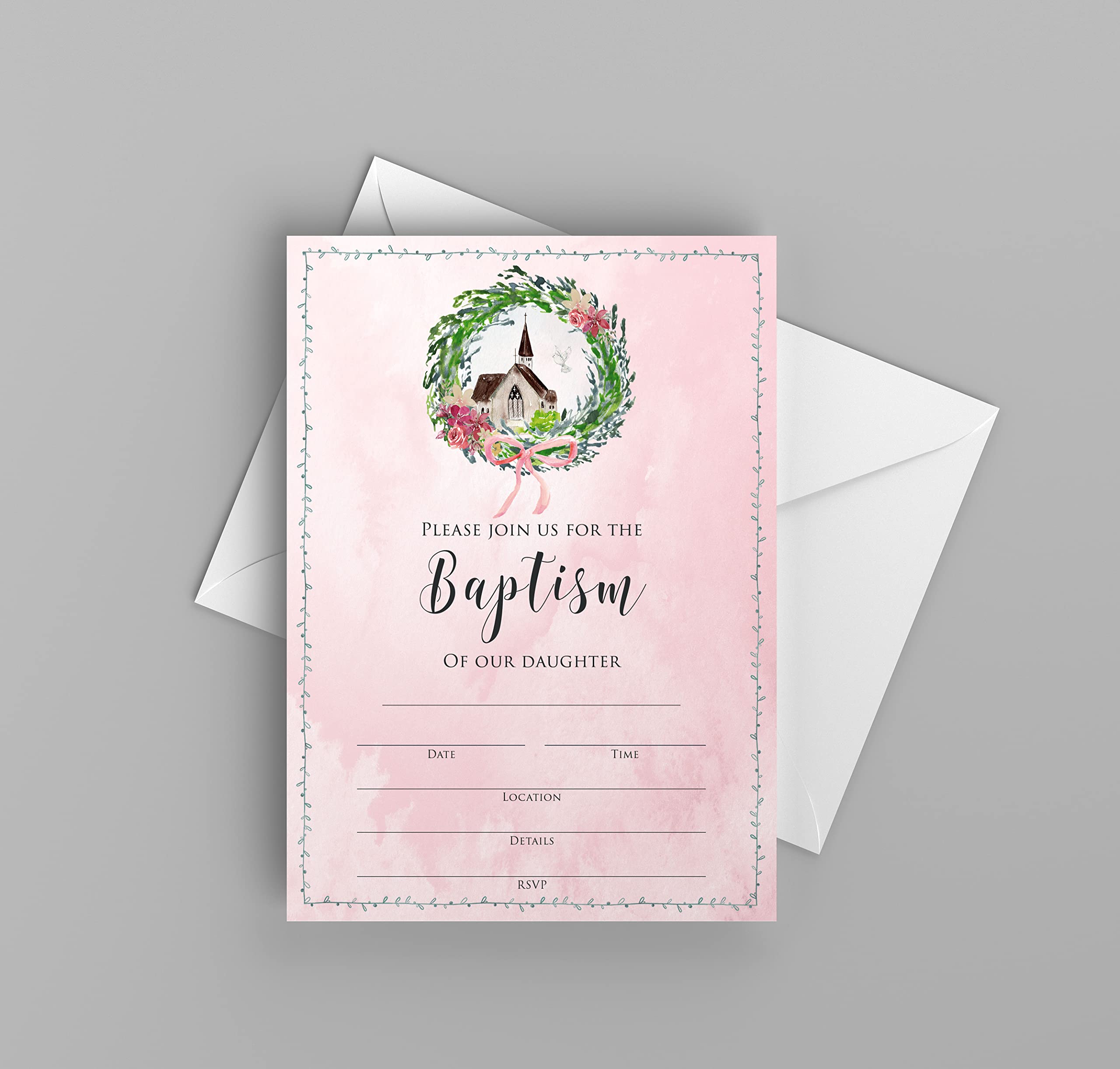 Baptism Invitation Cards for Girls - Watercolor Design with Thank You Notes & Envelopes (25 Cards + 25 Envelopes) - Perfect for Christening, Baby Naming Ceremony & Religious Celebrations