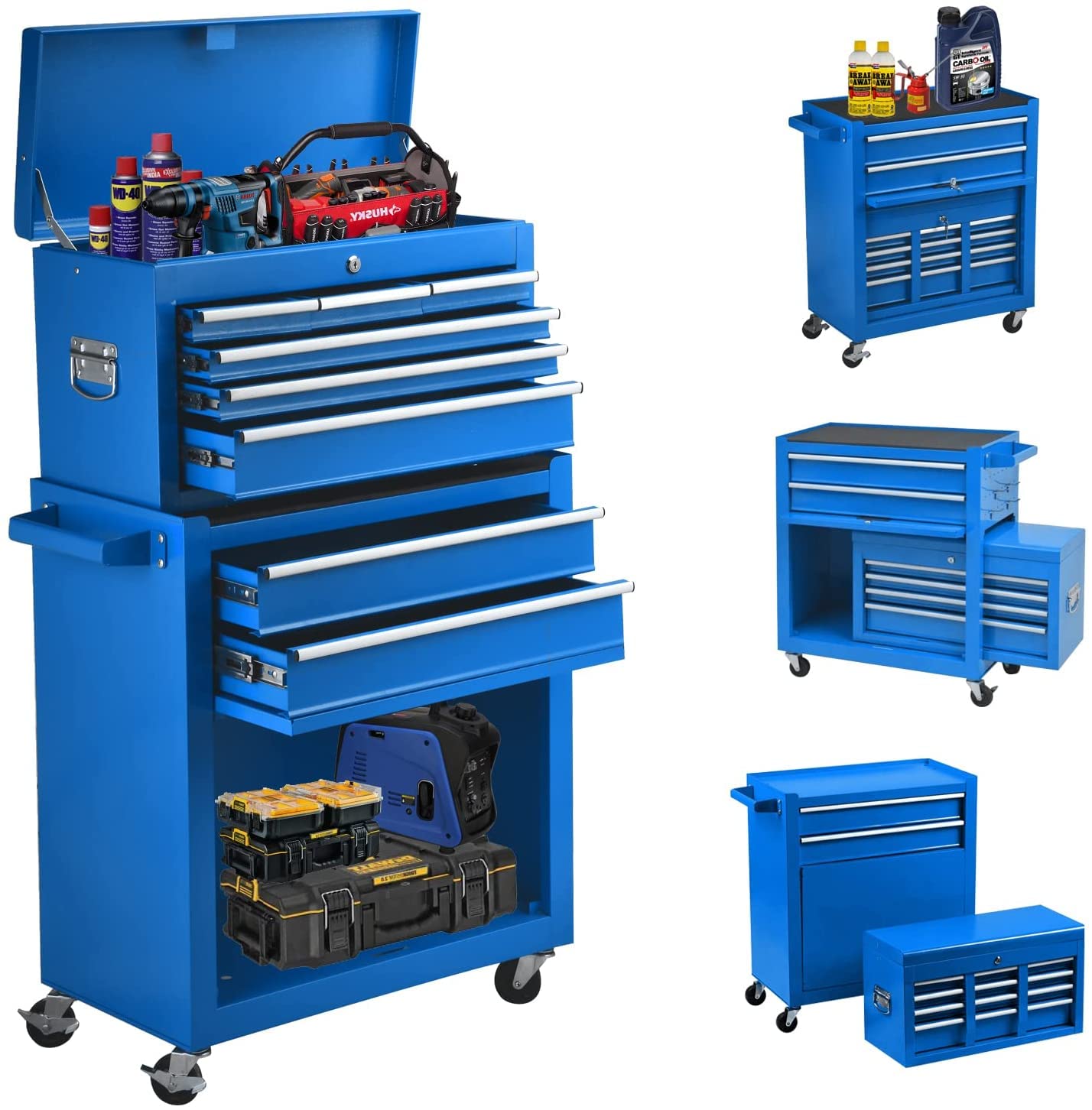 8-Drawer Rolling Tool Chest with Wheels - Heavy Duty Lockable Tool Storage Cabinet & Tool Box Organizer for Garage, Warehouse, Workshop - Cool Blue | Perfect for Mechanics, DIY Enthusiasts & Professional Tradesmen