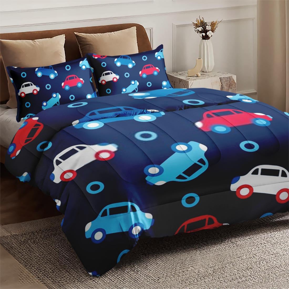 **Cars Themed Twin Size Comforter Set - Blue and Red Soft Bedding for Kids & Adults - Includes Pillowcase - Perfect for Nursery, Toddler Room & Bedroom Decor**