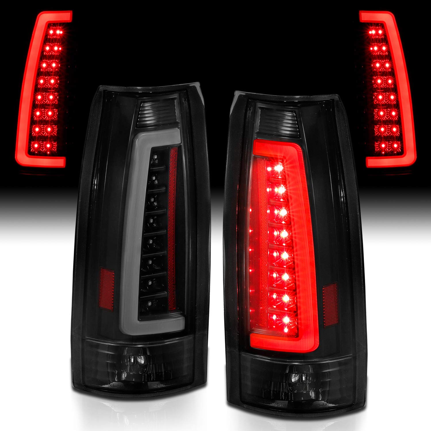 AmeriLite LED Tail Lights for 1988-1999 Chevy GMC C/K Truck, Blazer, Tahoe, Suburban, Yukon, Escalade - Dark Black C-Type Tube Design (Pair) - Perfect for Night Driving and Custom Truck Upgrades
