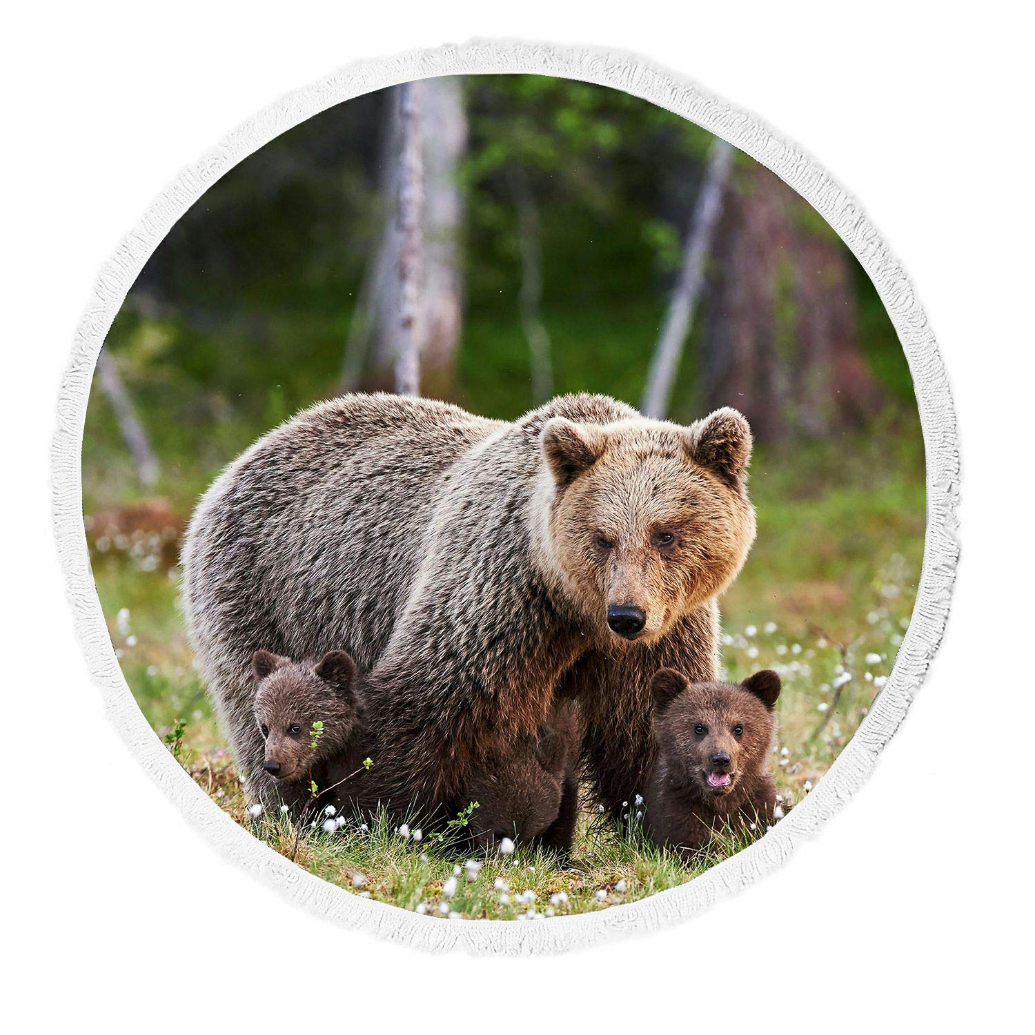 ABPHQTO Soft Brown Mother Bear Cubs Finnish Forest Beach Towel - Large Tasseled Blanket for Beach, Yoga, Picnic & Outdoor Activities | Cozy Throw for Camping, Park and Home Decor