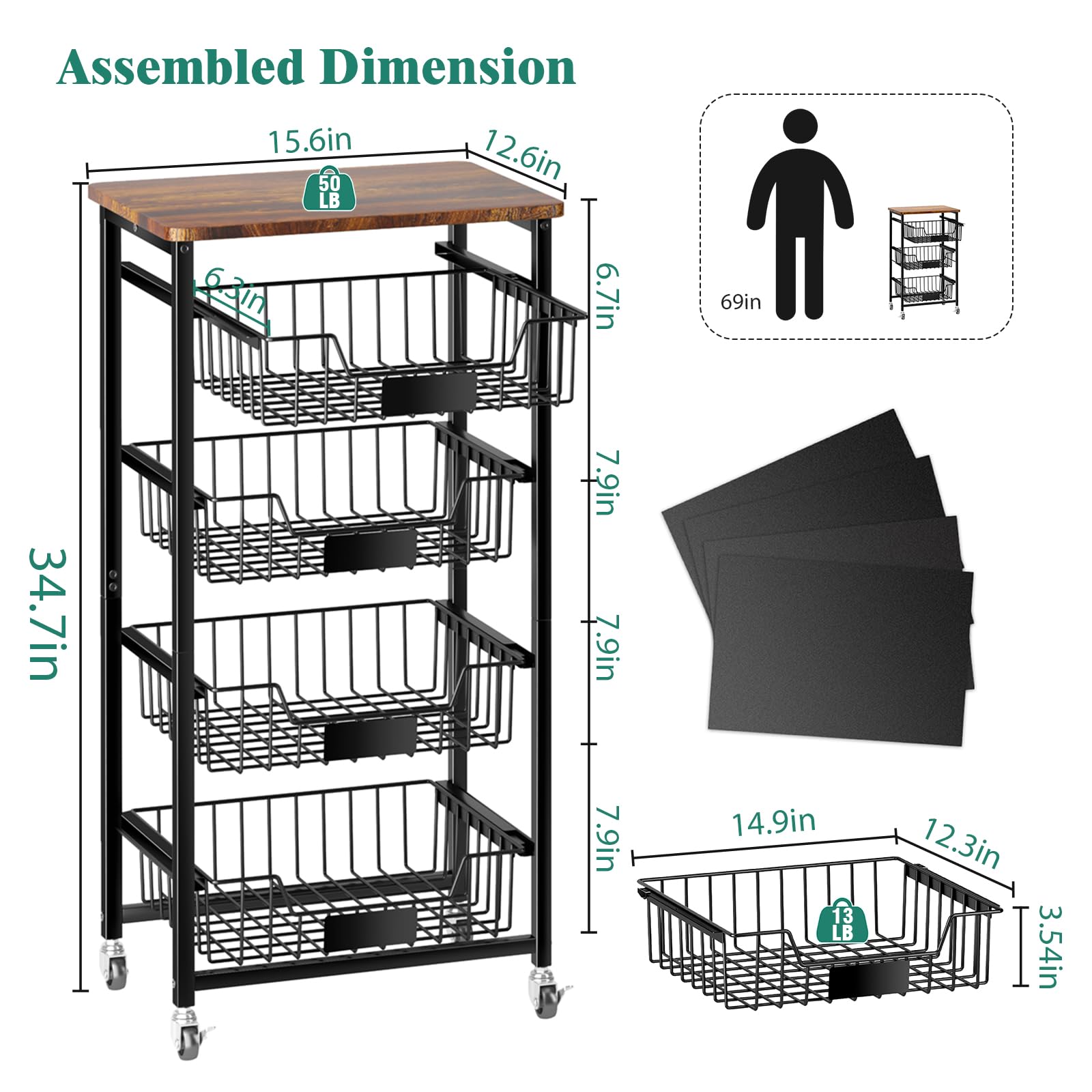 5-Tier Rolling Kitchen Cart with Pull-Out Baskets & Wood Top - Space Saving Fruit Vegetable Storage Organizer for Pantry, Dining Room & Small Spaces - Perfect for Fresh Produce Display & Kitchen Organization