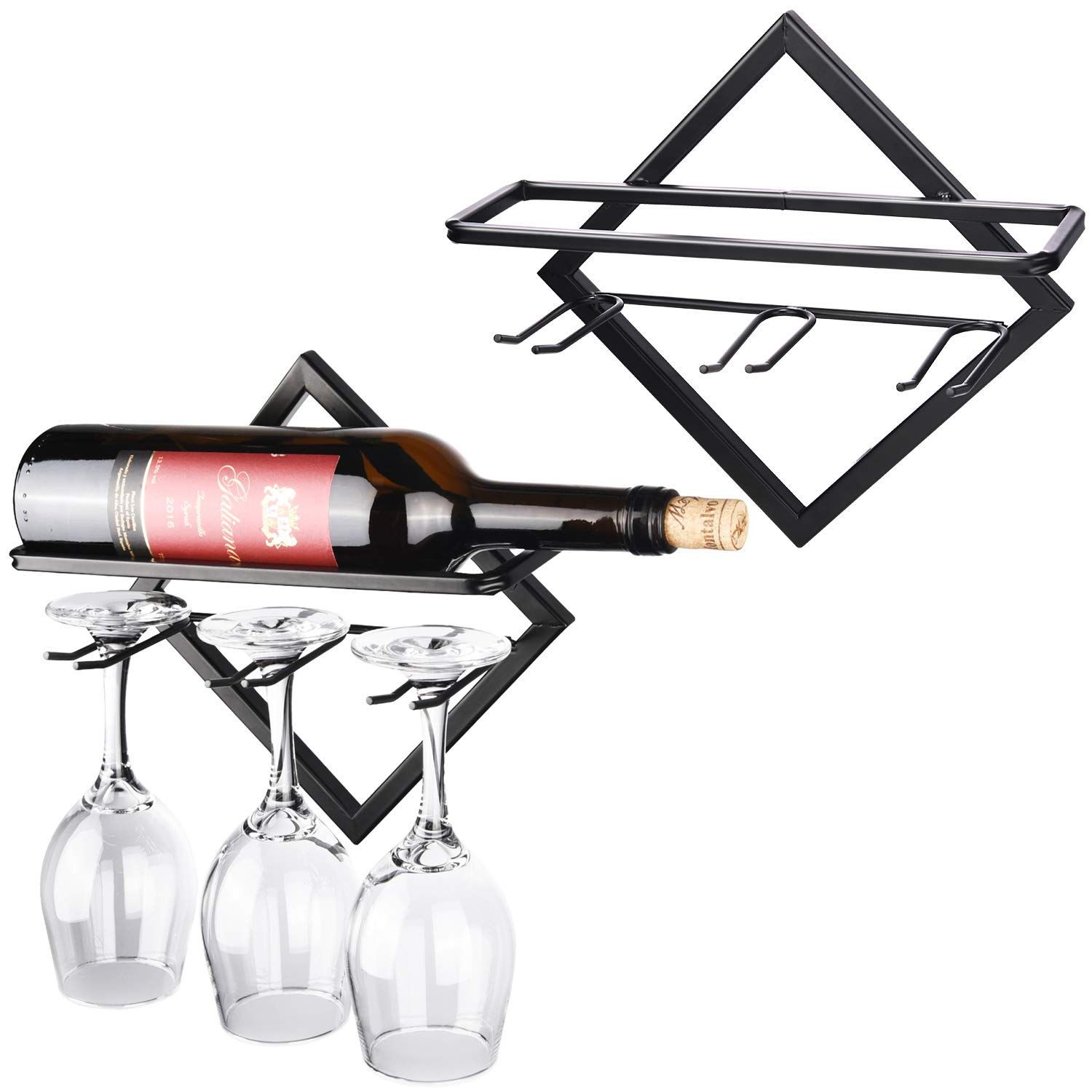 JJDPARTS 2 Pack Wall Mounted Metal Wine Rack - Wine Bottle Holder & Stemware Hanger Set for Kitchen, Bar, Dining Room - Space Saving Home Decor for Wine Glass Storage and Display (Black)