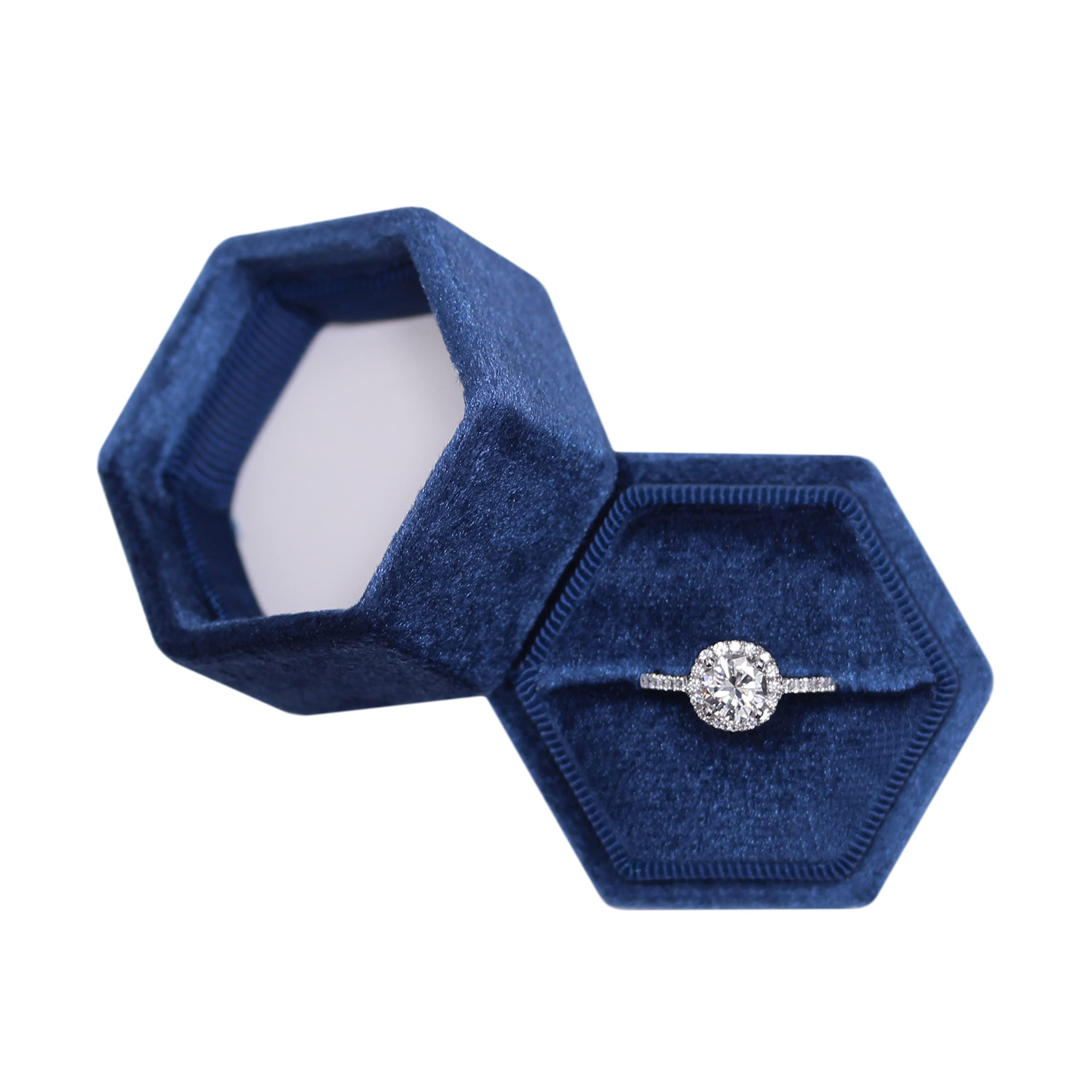 Hexagon Velvet Jewelry Box - Single Slot Ring Holder for Engagement & Wedding Rings - Navy Blue Keepsake Box with Photo Insert - Perfect for Bridal Proposals, Anniversary Gifts & Jewelry Storage