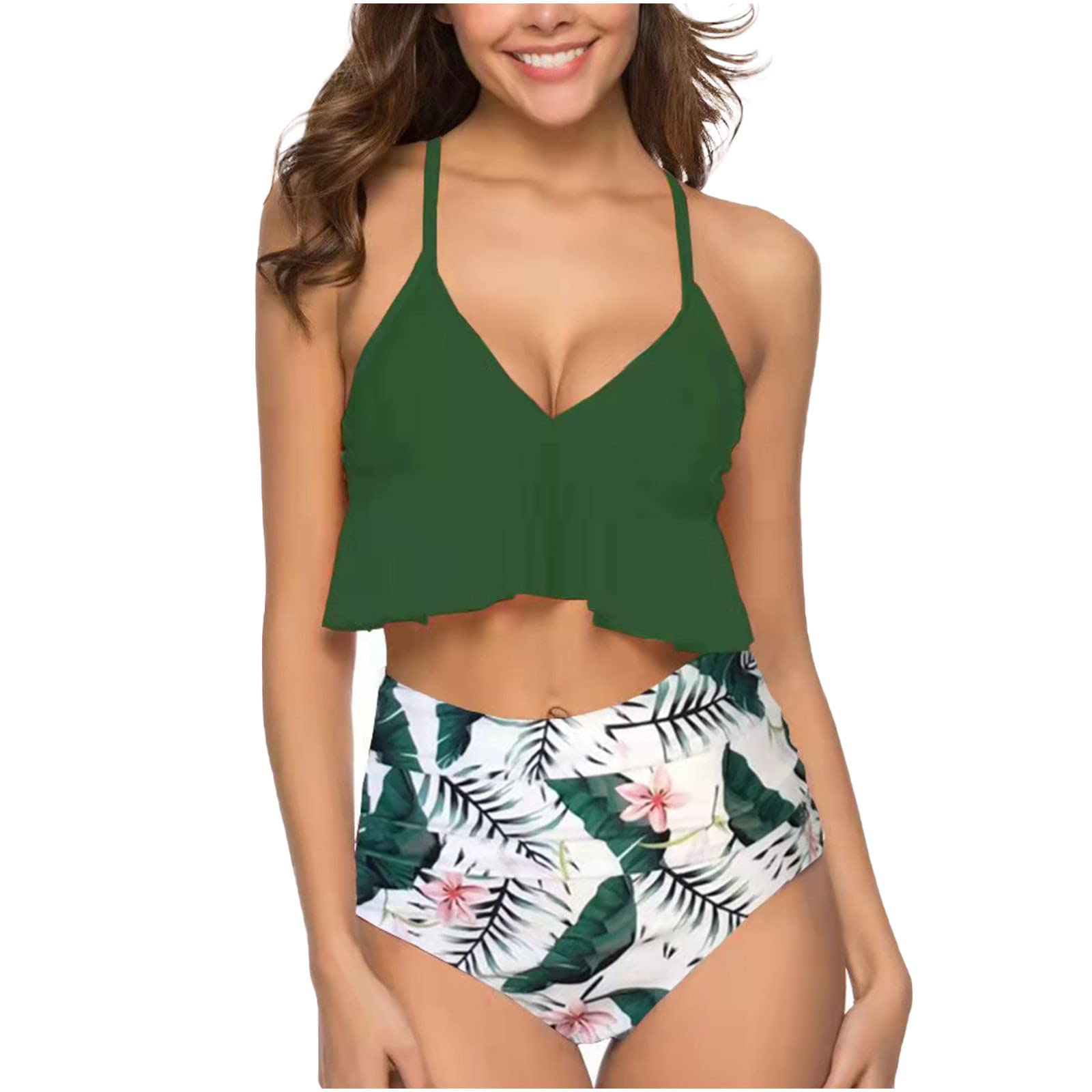 NaRHbrg Women's Two Piece Swimsuits - High Waisted Bikini Set with Ruffle Flounce & Tummy Control - Tropical Print Bathing Suit for Beach, Pool & Vacation