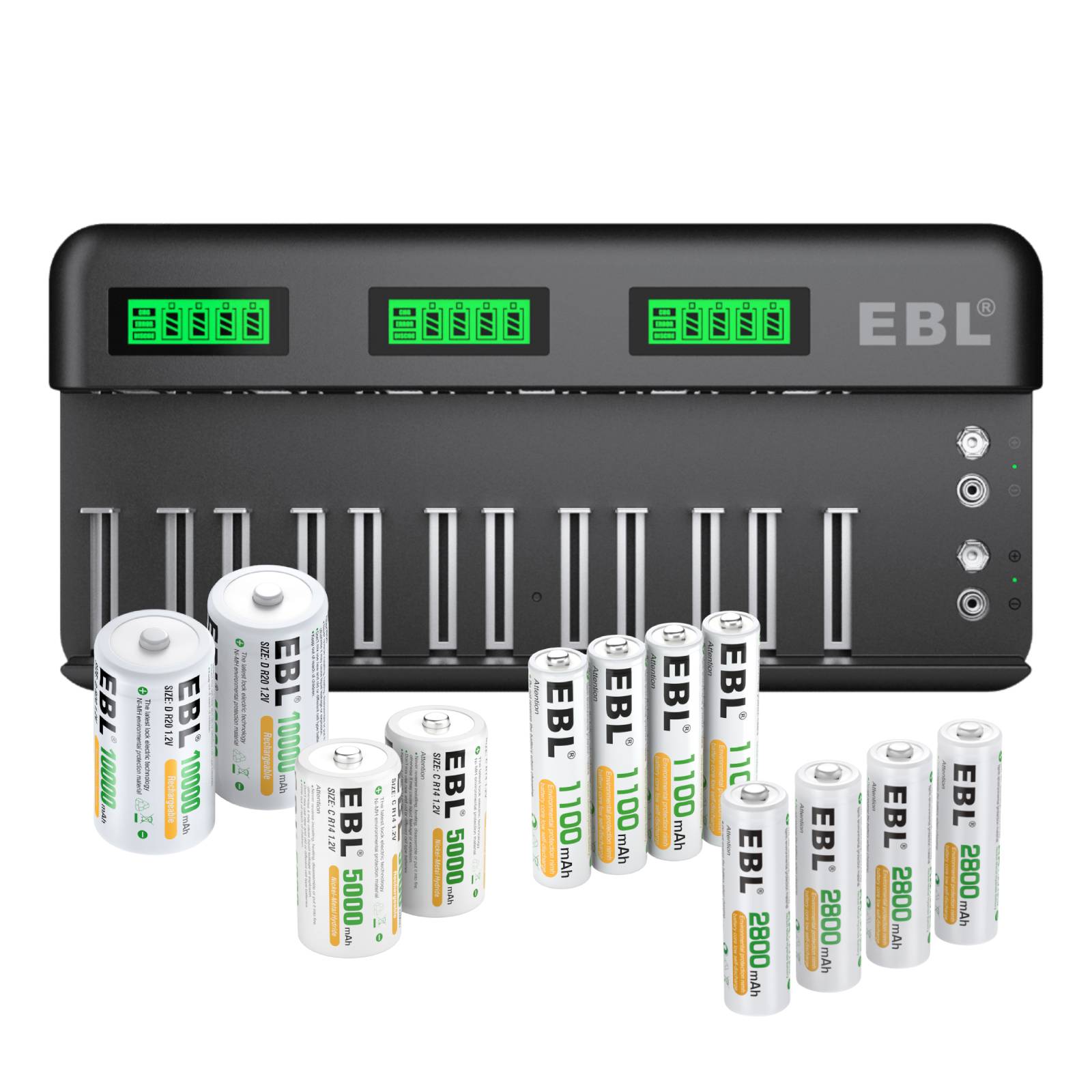 EBL 12+2 Bay Universal Battery Charger for AA AAA C D NiMH Rechargeable Batteries - Fast Charging for Home, Office, and Travel Use