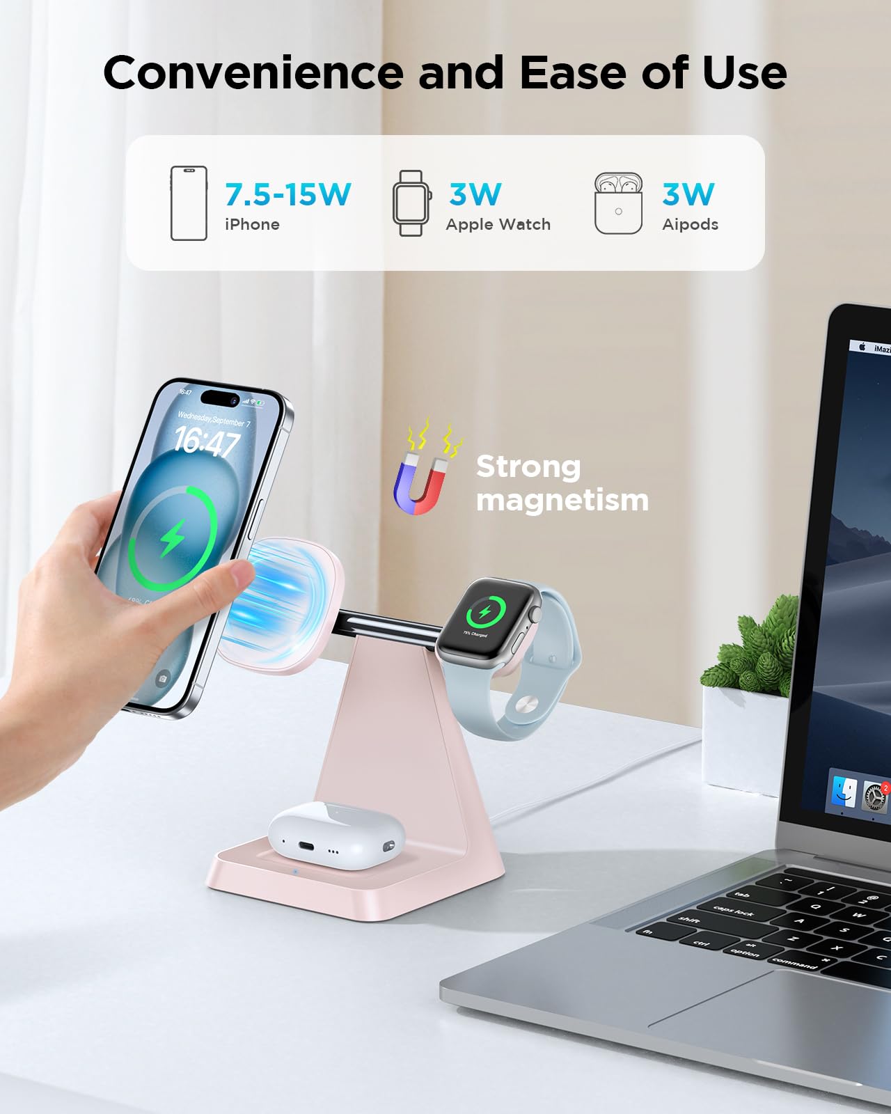 3-in-1 Magnetic Wireless Charging Station for iPhone 16/15/14/13/12 Pro Max & Apple Watch - Fast Qi-Certified Charger Stand for Multiple Devices | Perfect for Nightstand, Office Desk & Travel