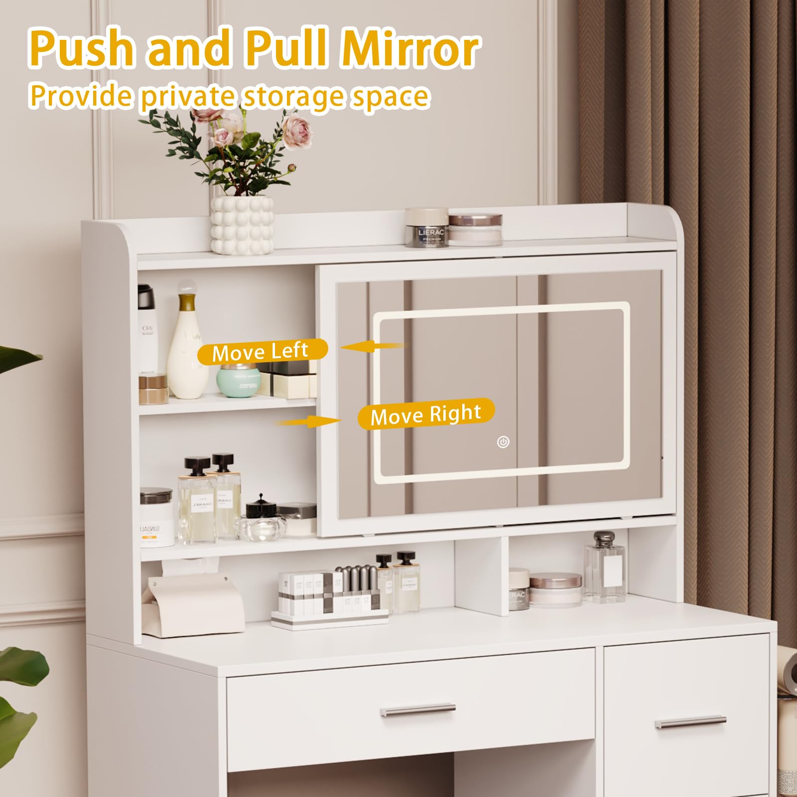 Vanity Desk with Mirror & LED Lights, Chair & 4 Drawers - 3 Adjustable Lighting Modes, Power Outlet & Sliding Mirror - White Bedroom Vanity Table for Makeup & Dressing (Perfect for Small Spaces & Apartment Living)