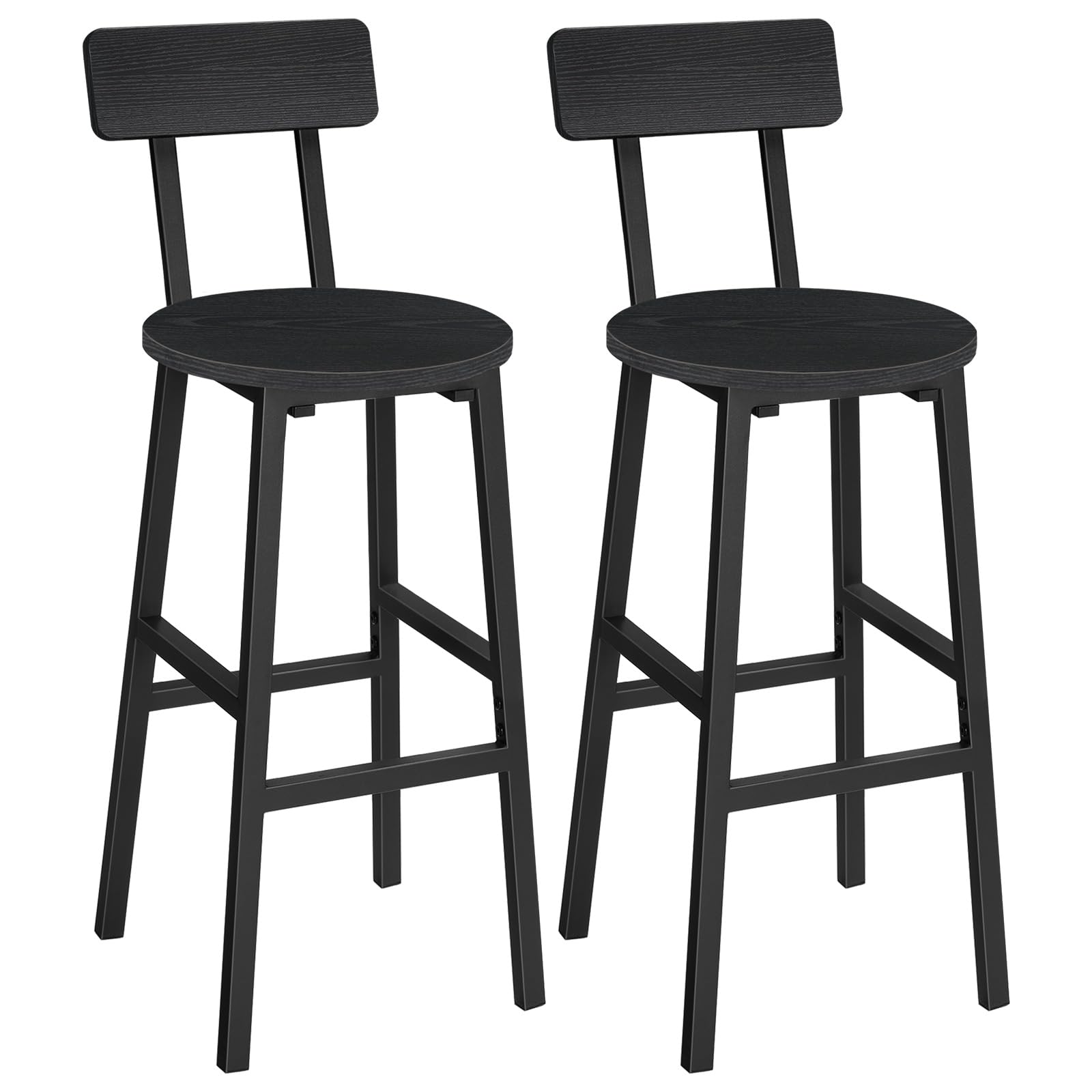 2-Pack Black Bar Stools with Back & Footrest - 24.4 Inch Round Counter Height Stools for Kitchen, Dining Room & Home Bar - Perfect for Breakfast Nooks, Pub Tables & Entertainment Areas