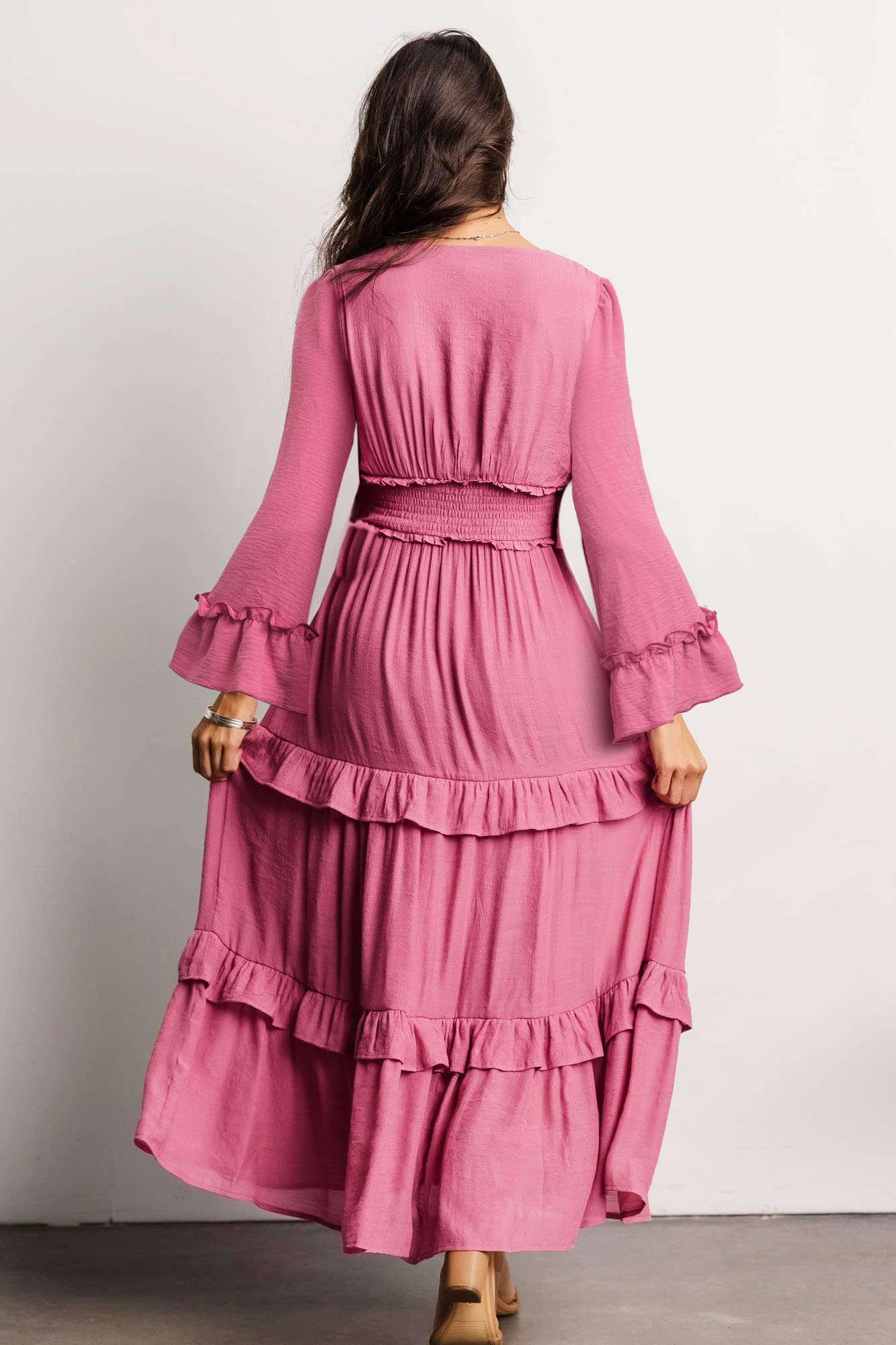 Amegoya Women's V-Neck Long Sleeve Boho Maxi Dress - Flowy Summer Wedding Guest Dress for Engagement, Party & Beach Vacation (Elegant & Comfortable)