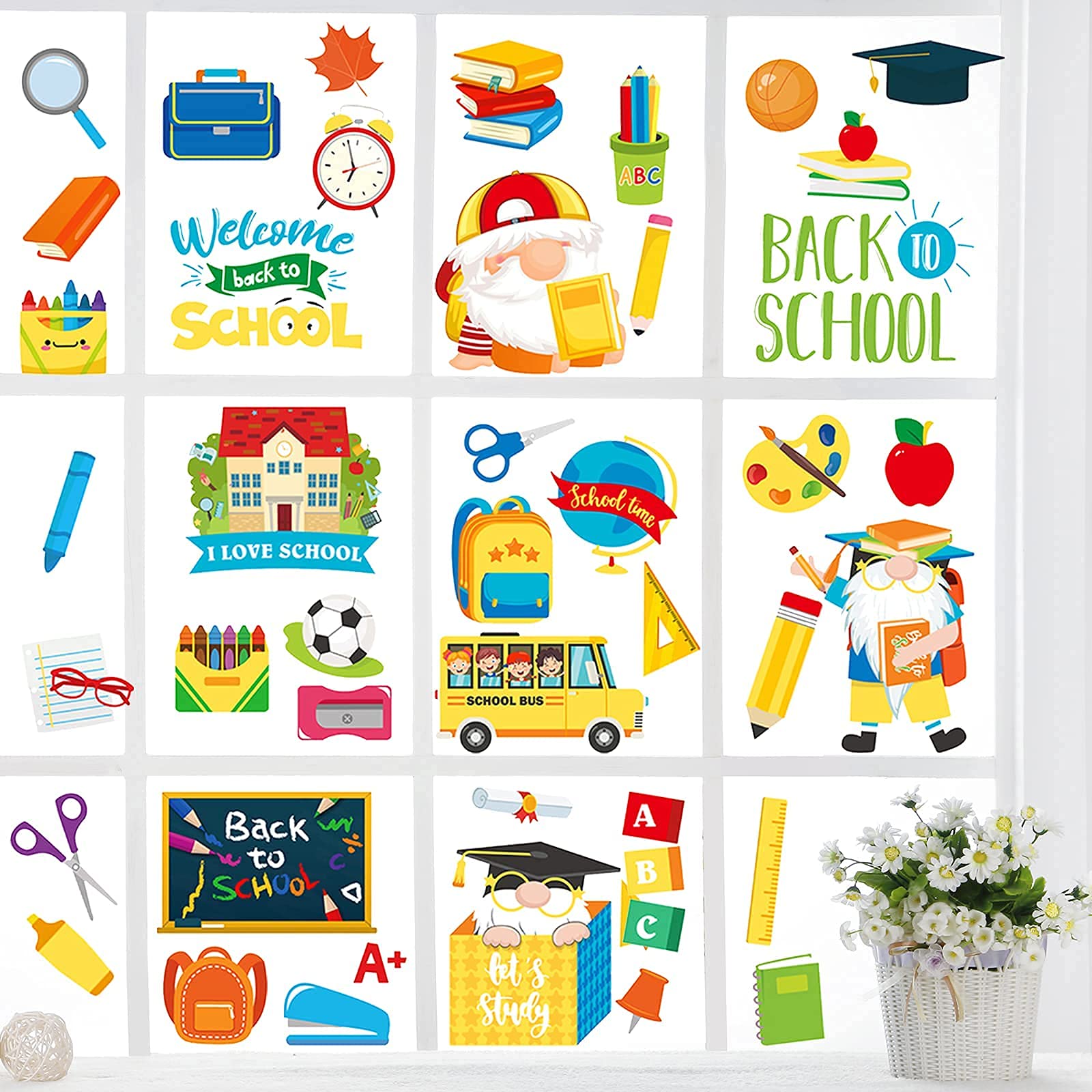 8 Sheets Reusable Static Window Clings - Back to School Decorations for Classroom, Wall, Glass & Car | Welcome & Seasonal Decals for Home, Office & Retail Stores
