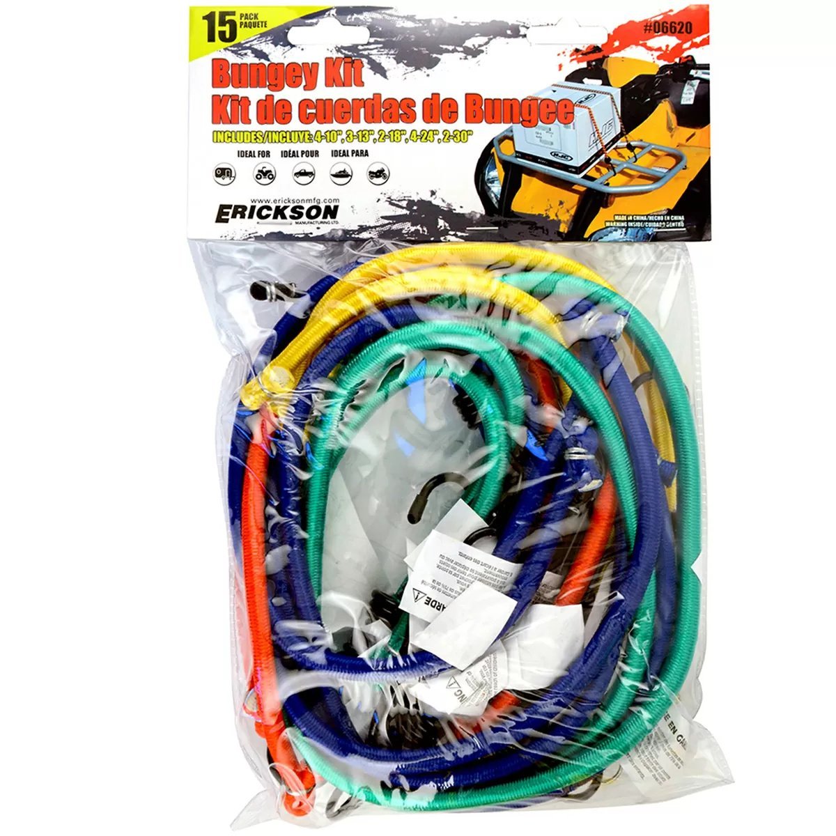 Erickson Manufacturing Assorted Bungee Cord Kit - 15 Pack Heavy Duty Elastic Straps with Hooks for Securing Cargo, Camping Gear & Outdoor Equipment - Perfect for Trucks, Trailers, Storage & DIY Projects