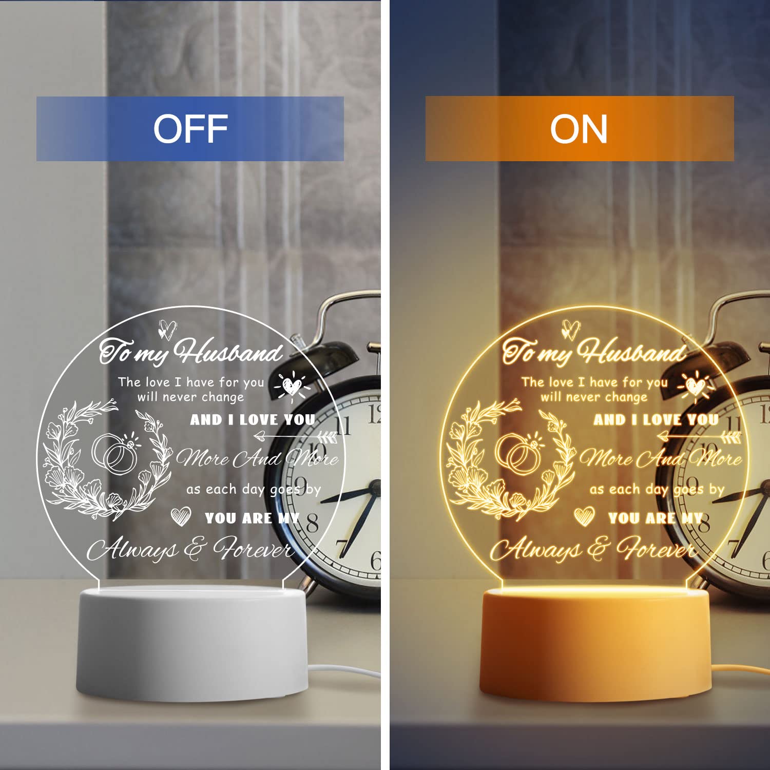 Romantic Acrylic Night Light for Husband - Personalized Wedding Anniversary, Birthday & Engagement Gift Idea from Wife | Valentine's Day Present for Him | Bedroom Decor & Romantic Atmosphere Creator