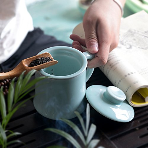 Premium 10oz Celadon Ceramic Coffee Mug with Lid & Filter Funnel - Porcelain Tea Cup in Sky Blue - Perfect for Home, Office & Gifts