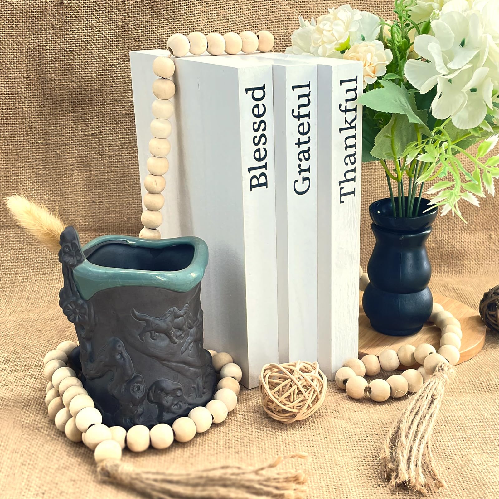 Decorative Faux Books Set for Home Decor - Rustic Farmhouse Shelf & Coffee Table Decor with Wooden Bead String Tassel (58 Inch) - Perfect for Living Room, Bedroom, and Bookshelf Styling