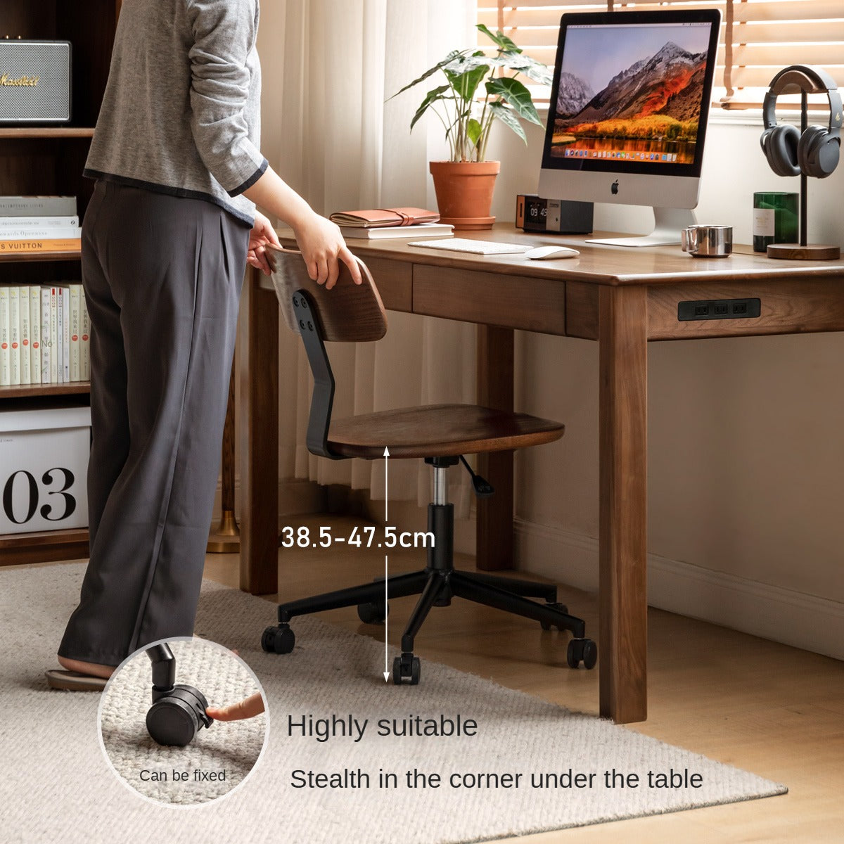 Modern Oak Solid Wood Lift & Swivel Office Chair - Ergonomic Rotatable Computer Desk Chair for Home & Office Workspace