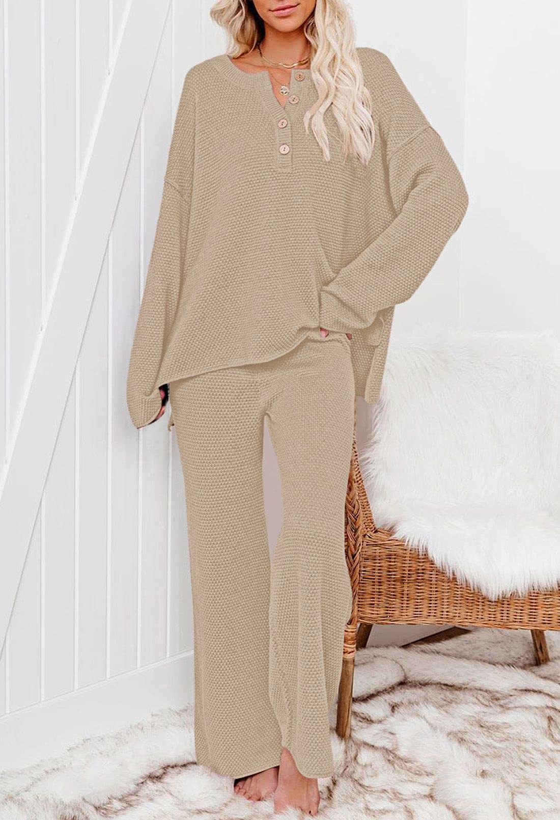 Women's 2-Piece Sweatsuit Set - Soft V-Neck Waffle Knit Sweater & Wide Leg Lounge Pants - Cozy Matching Outfit for Home, Yoga, and Casual Wear