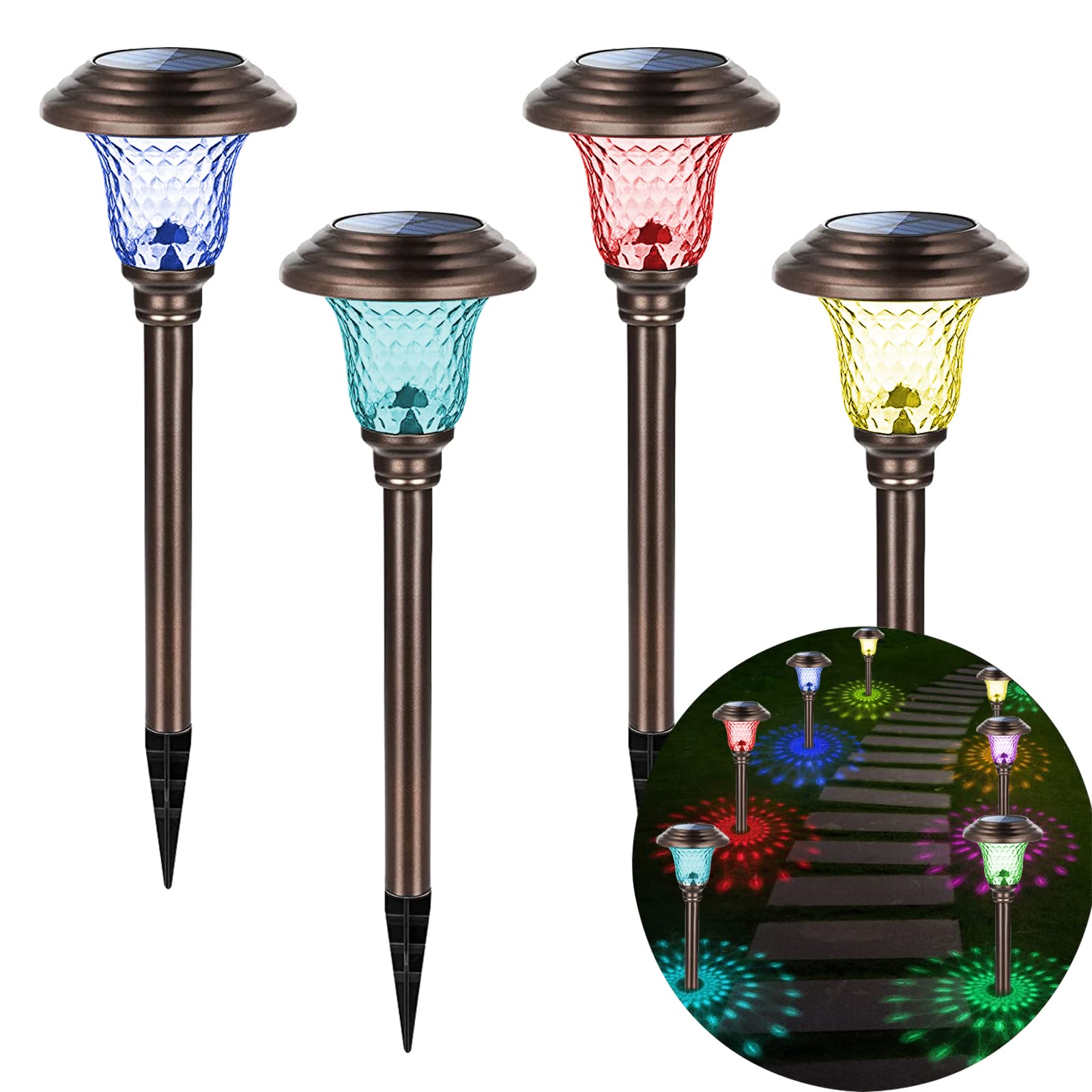 Solar Pathway Lights Outdoor - 4 Pack Waterproof Auto Color Changing LED Garden Lights for Yard, Walkway, Patio, Driveway | Bright Landscape Decoration | Perfect for Evening Gatherings & Garden Parties
