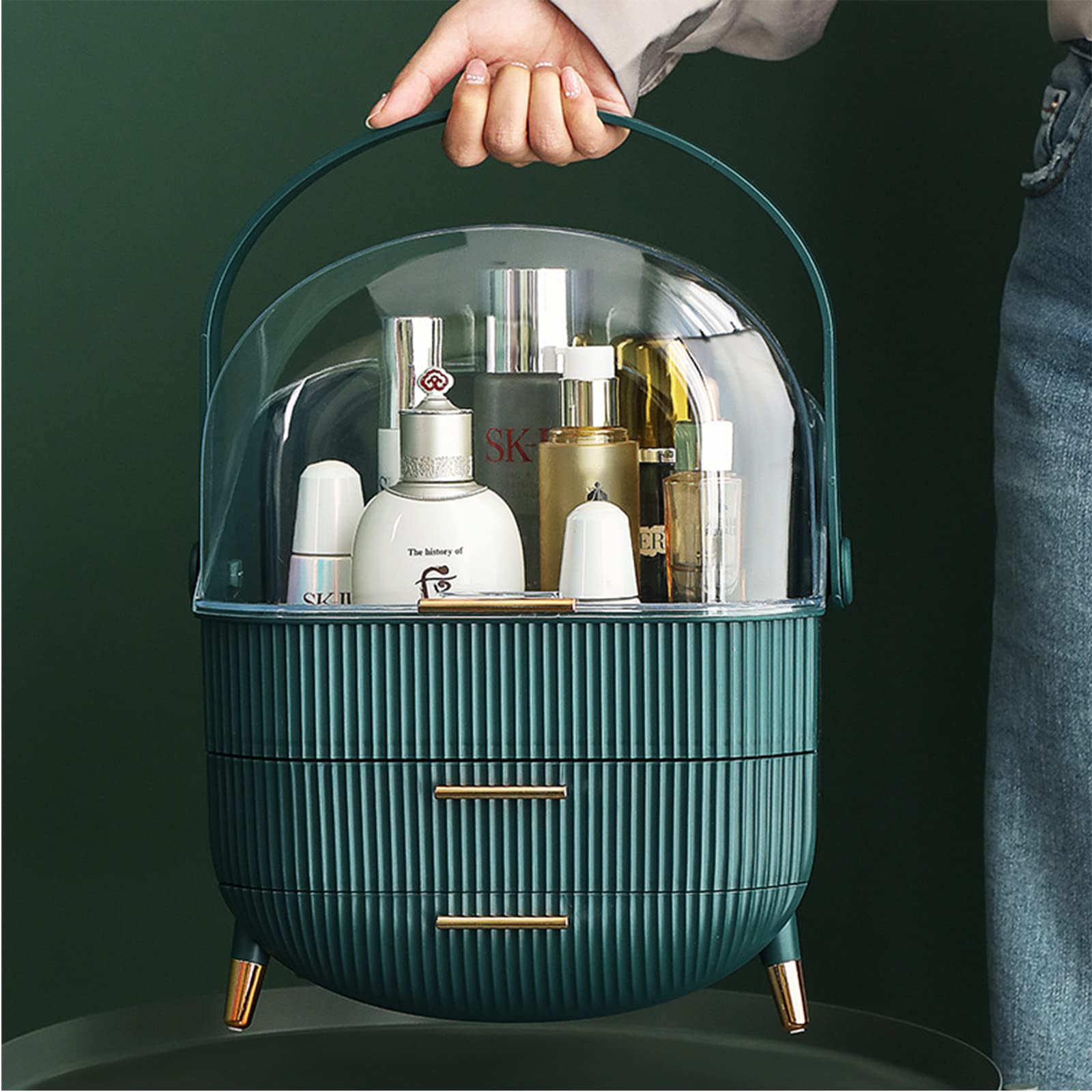 Makeup Organizer & Cosmetic Storage Case with Brush Holder - Lipstick & Skincare Display for Bathroom Countertop, Bedroom Vanity Desk & Travel - Compact & Stylish Green Beauty Organizer for Daily Makeup Routine & Travel Essentials