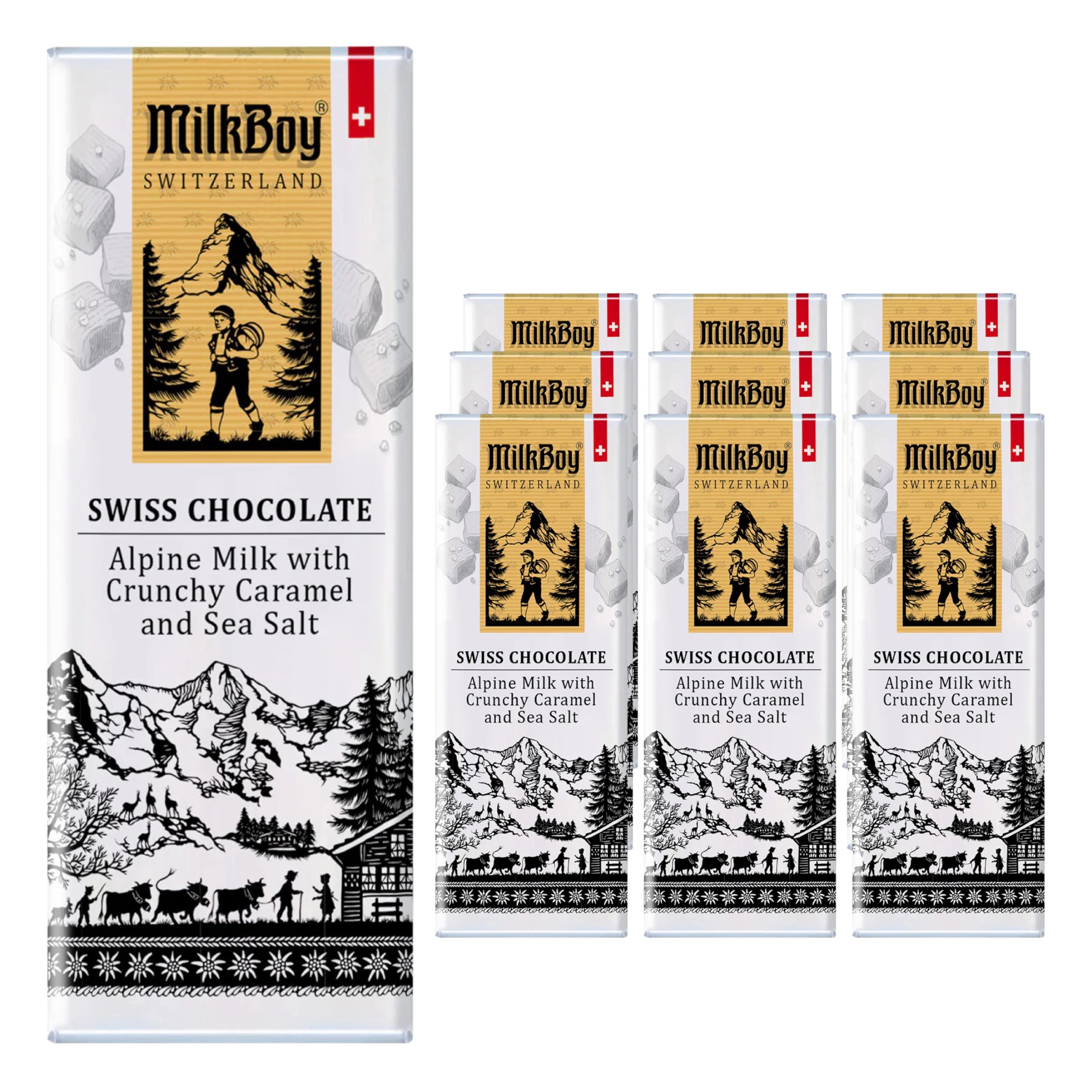 Premium Swiss Milk Chocolate Bars with Caramel & Sea Salt - 10 Pack for Gifting & Snacking