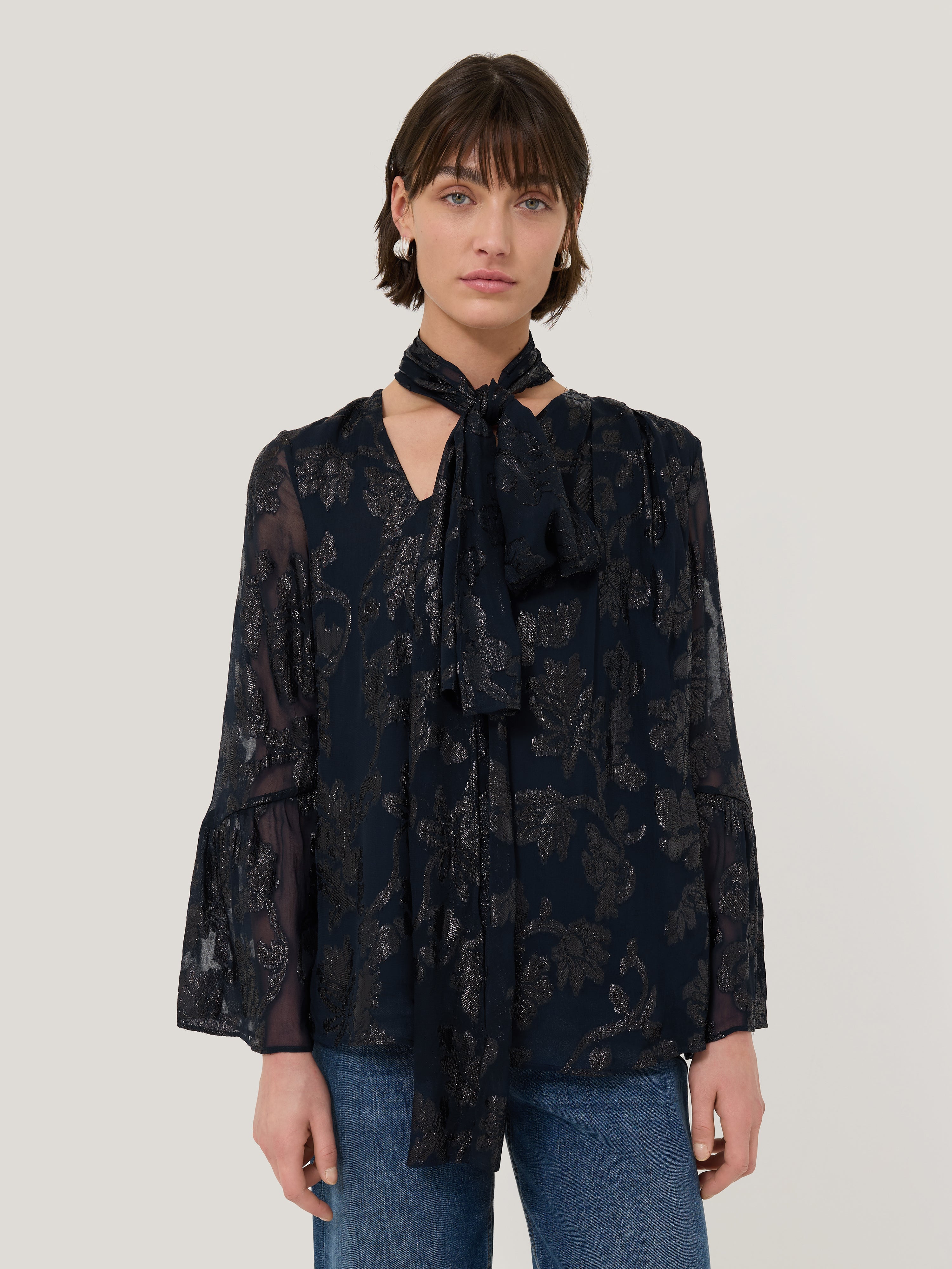Elegant Metallic Jacquard Women's Top in Navy Blue - Perfect for Evening Parties & Special Occasions