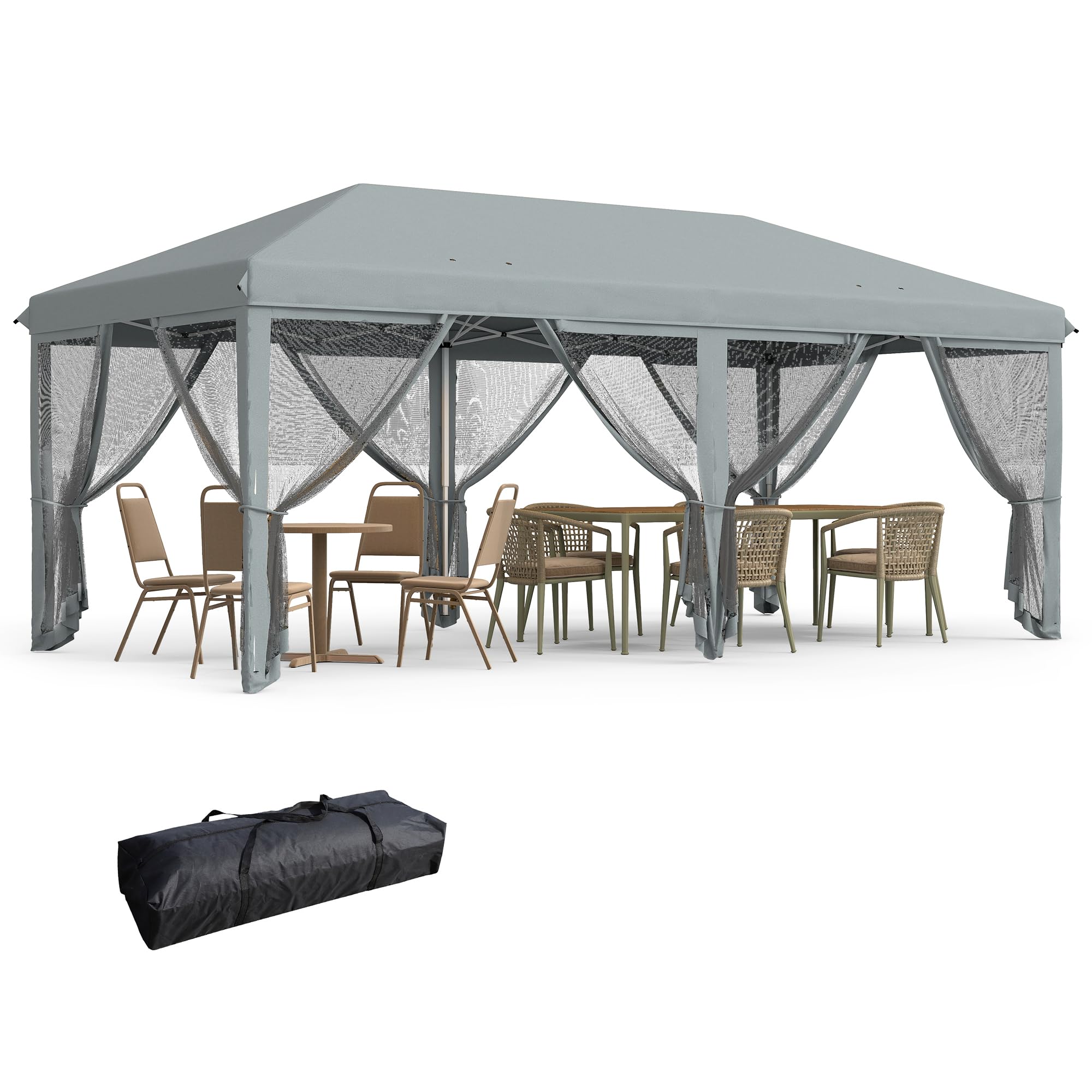 Outsunny 10' x 20' Heavy Duty Pop Up Canopy Tent with Netting - Instant Sun Shelter for Outdoor Parties, Camping, Beach & Backyard - Includes Carry Bag (Gray) - Perfect for Picnics, BBQs, Farmers Markets & Tailgating