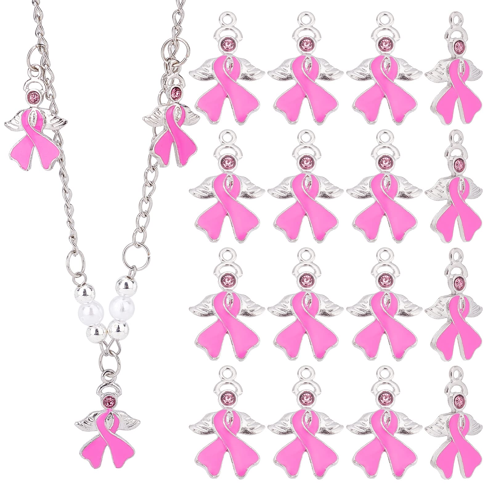 20PCS Pink Ribbon Charms with Angel Wings - Breast Cancer Awareness Jewelry Supplies for Necklace, Bracelet, Lapel Pin Making - Perfect for Fundraising Events, Support Gifts & Craft Projects