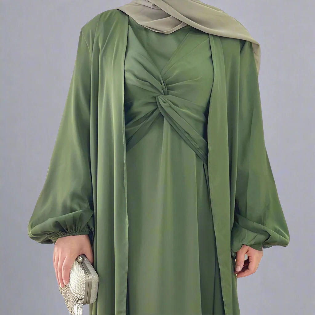3-Piece Satin Open Abaya Dress Set for Muslim Women - Elegant Prayer Dress for Mosque, Eid & Special Occasions