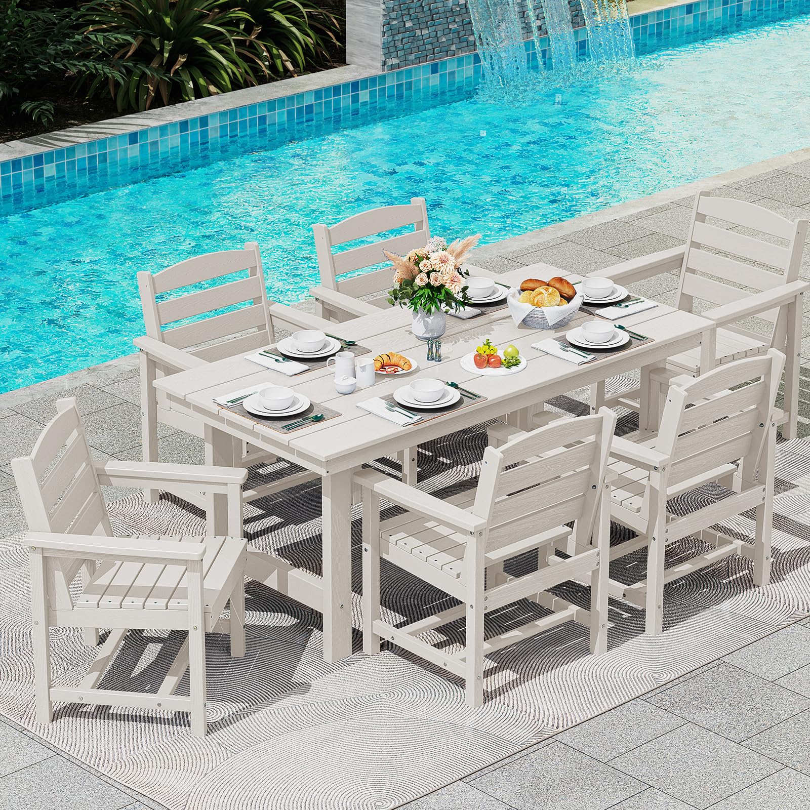 SERWALL 7-Piece Outdoor Dining Set - HDPE Patio Table with Umbrella Hole & 6 Chairs, White - Perfect for Backyard, Garden, and Poolside Entertaining