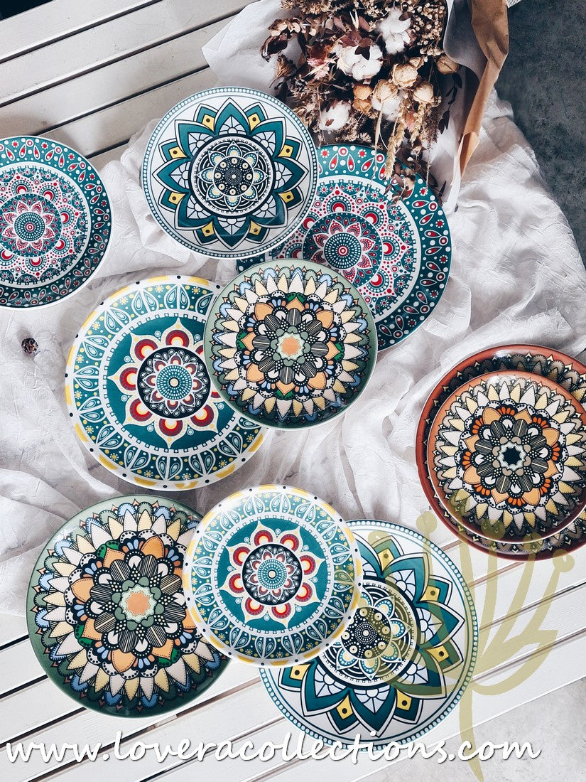 Mandala Green & White Salad Plate Set - Elegant Hand-Painted Ceramic Dinnerware for Home & Restaurant Use - Perfect for Salads, Appetizers, Desserts & Party Serving
