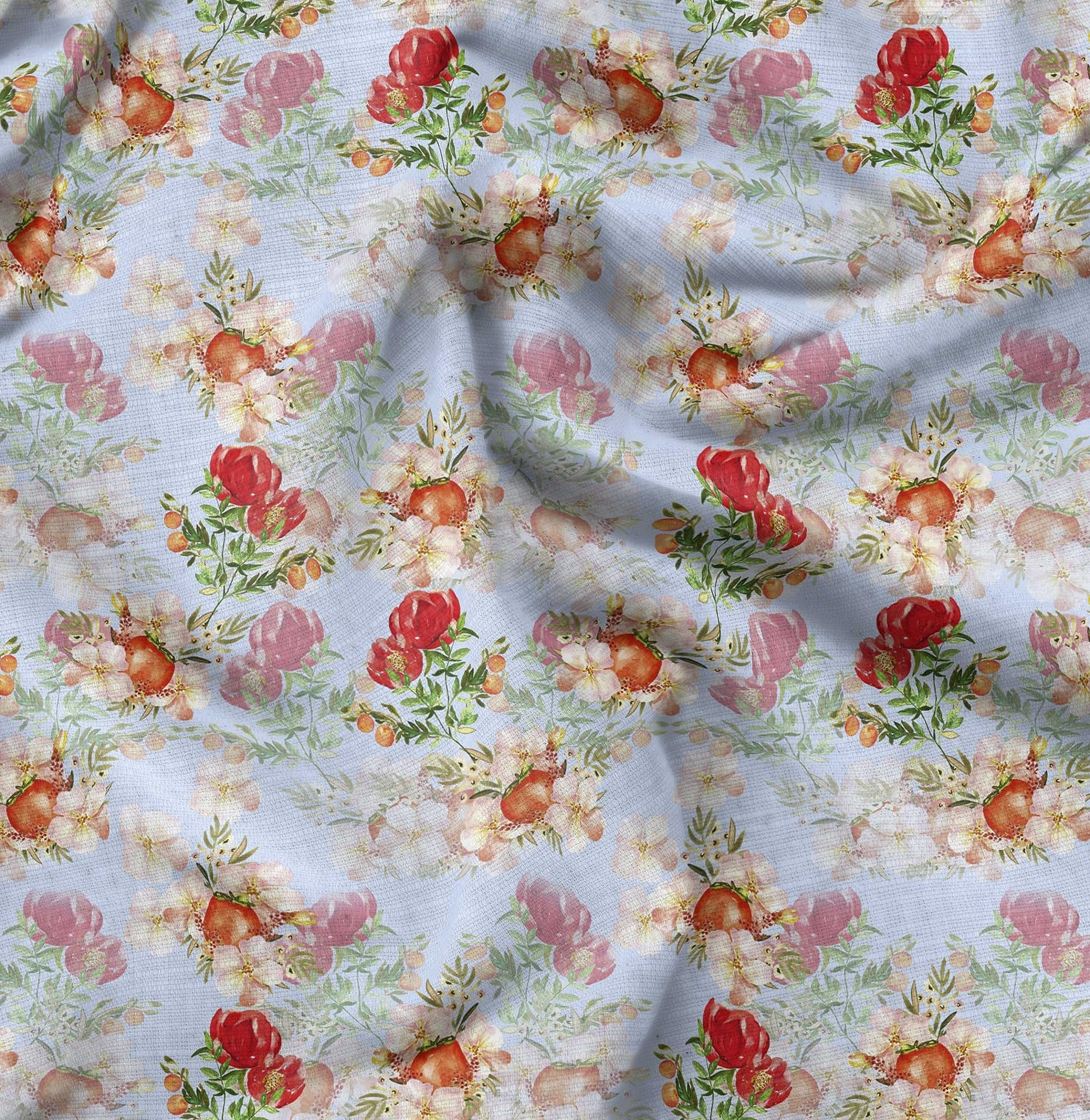 Soimoi Moss Georgette Blue Floral Fabric by The Yard - 42 Inch Wide Printed Fabric for Dresses, Scarves & DIY Crafts - Vibrant Tomato & Flower Design Fashion Material