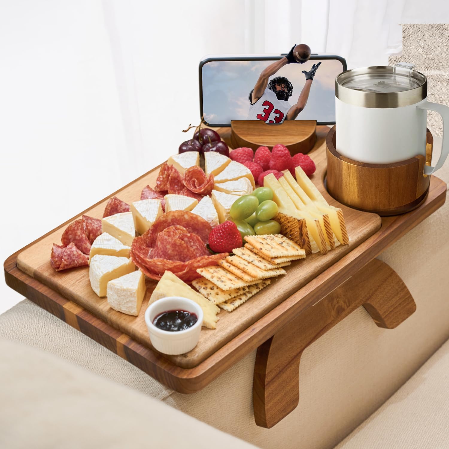 Acacia Wood Couch Arm Table Tray - 4-in-1 Clip On Sofa Tray with Phone Holder, Non-Slip Cup Slot & Folding Design for Wide/Narrow Recliners - Perfect Snack Table for TV Watching, Gaming & Living Room Entertaining (Natural Wood)