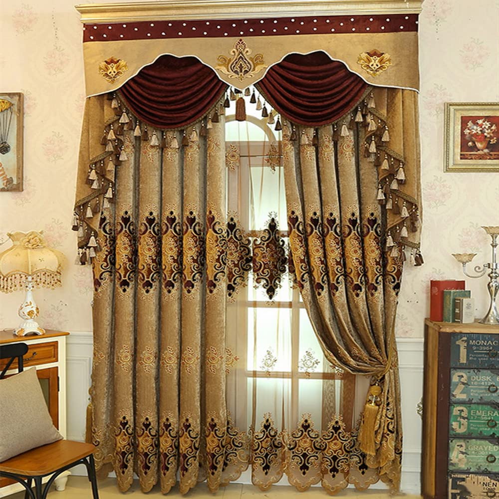 Luxury Brown Embroidered Floral Curtains - 52x84 Inch Rod Pocket Panels for Living Room, Bedroom, Villa - Elegant Home Decor & Light Filtering Window Treatments