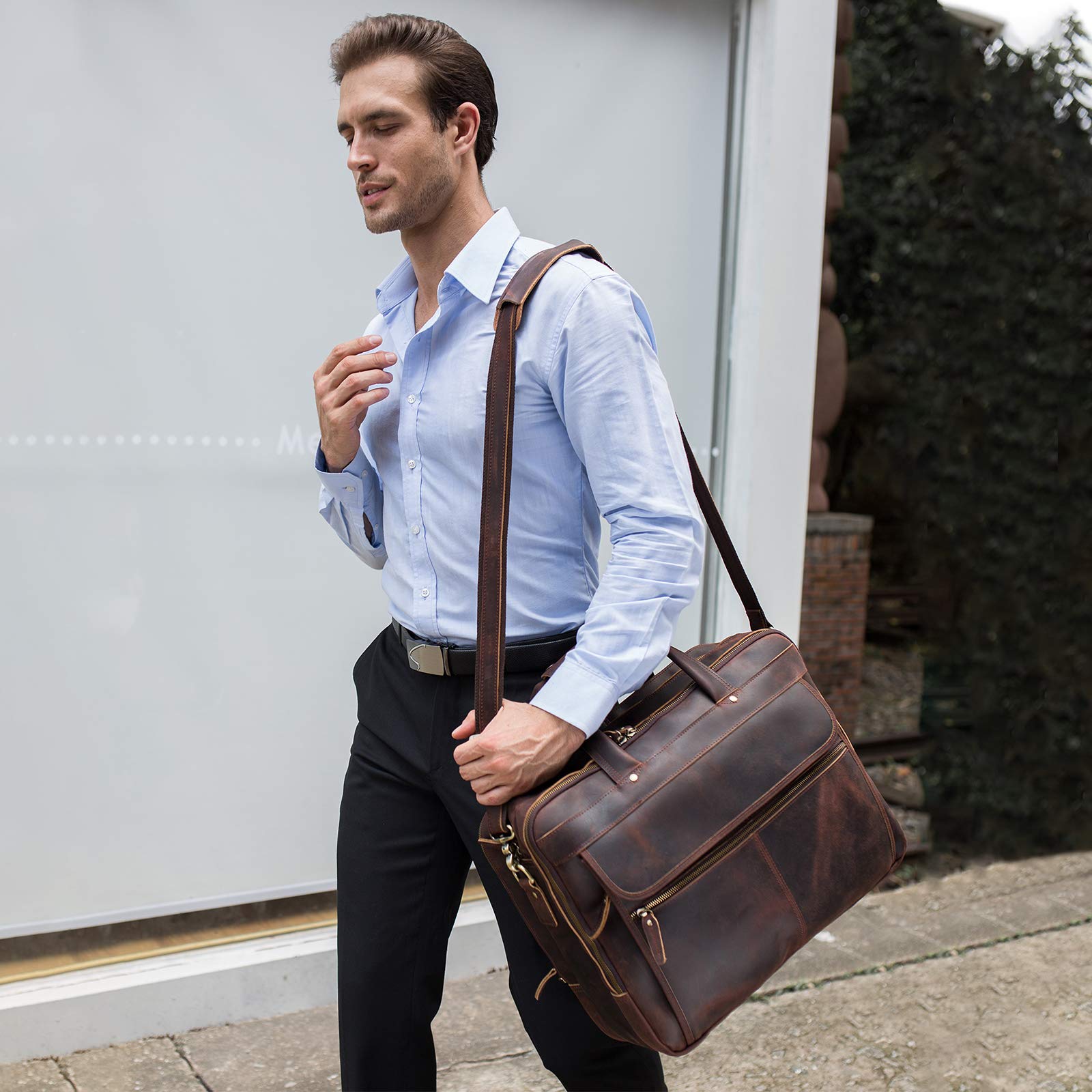 Polare 18 Inch Full Grain Leather Laptop Briefcase for Men - Fits 17.3 Inch Laptop, Durable Business Work Bag & Overnight Travel Bag - Perfect for Office, Commuting & Business Trips