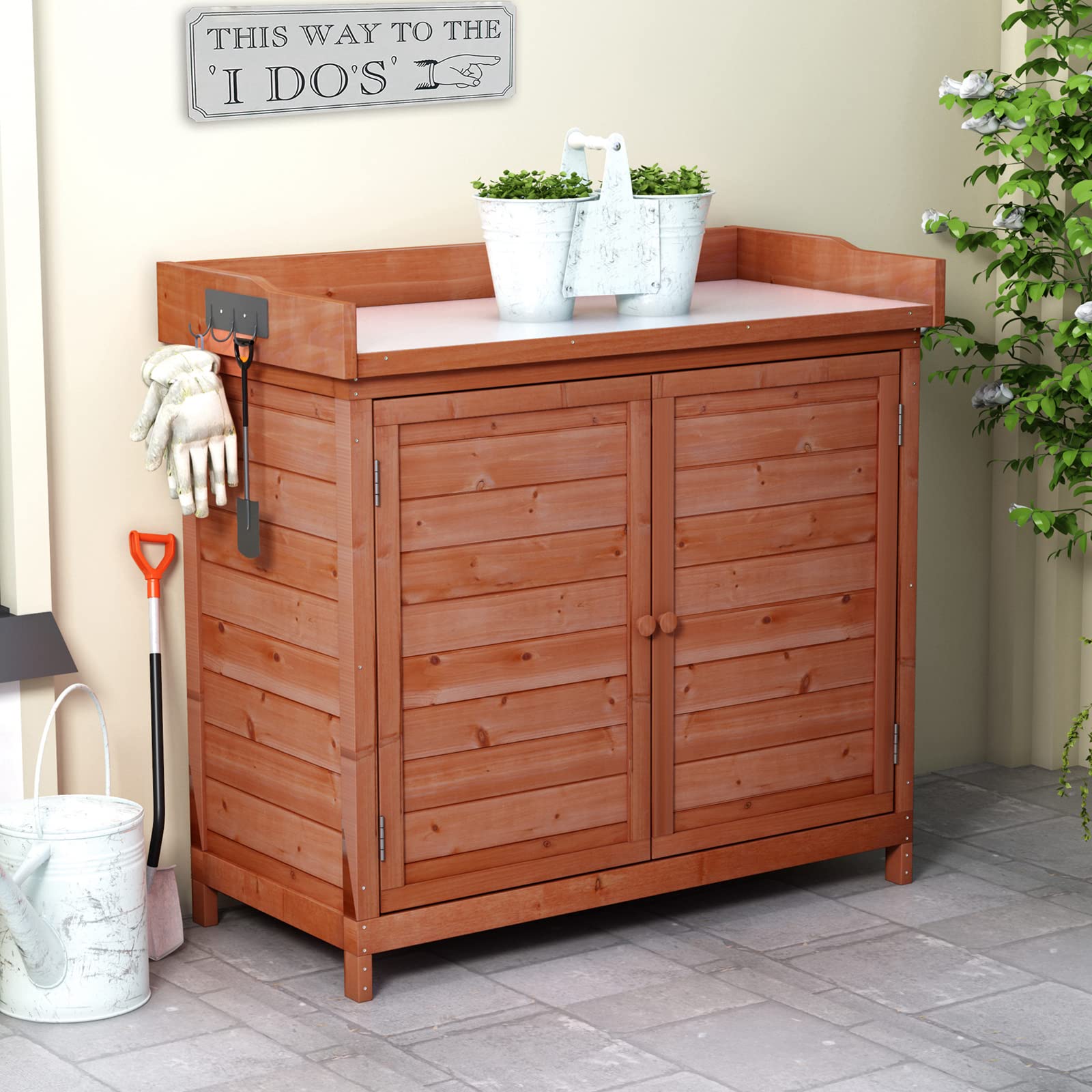 Waterproof Outdoor Wooden Storage Cabinet with Potting Bench - Rustic Garden Shed Organizer with Shelves & Hooks - Durable Fir Wood Construction (Orange) - Perfect for Backyard, Patio, and Gardening Tool Storage