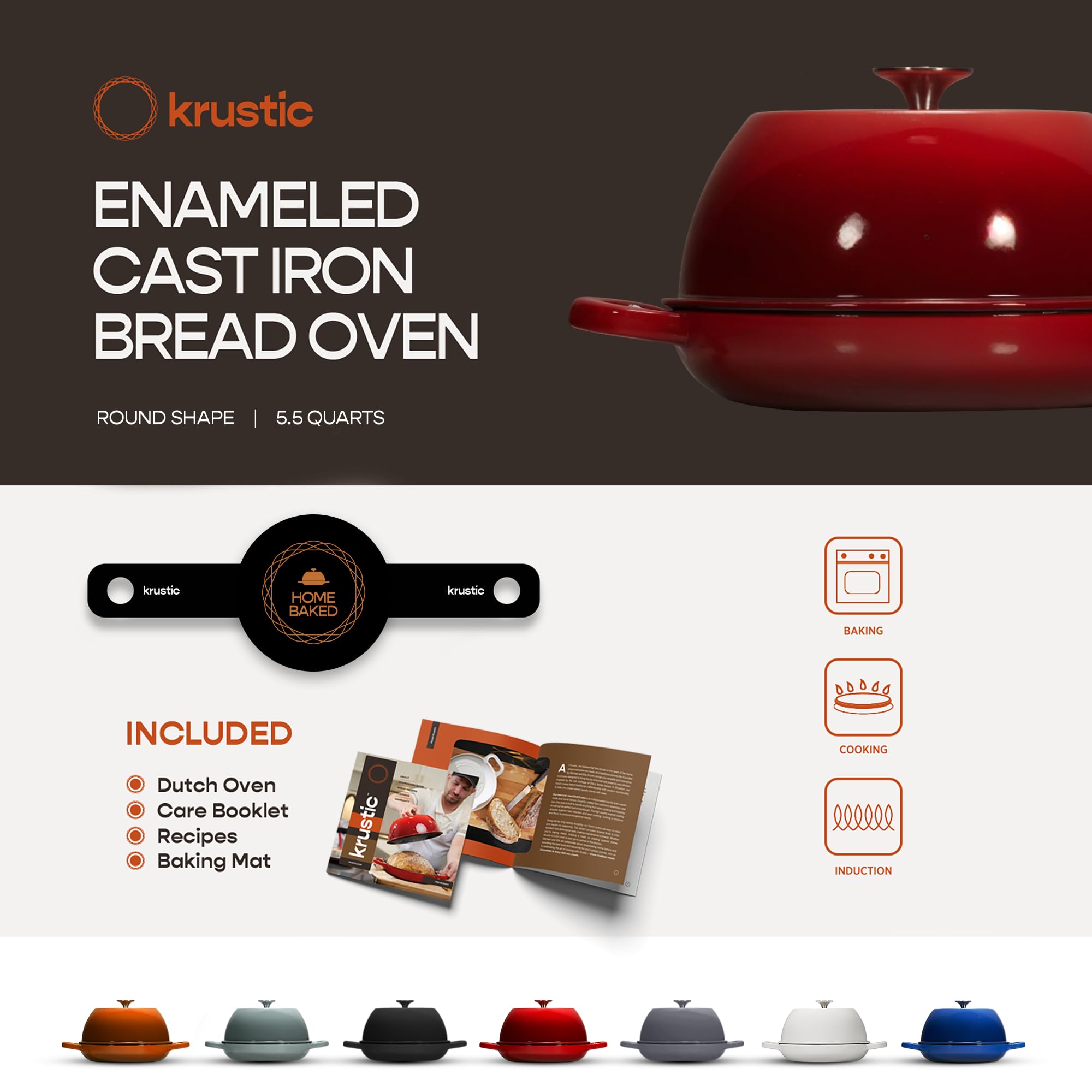 Premium 6 Quart Enameled Cast Iron Dutch Oven with Lid - 10 Inch Thick Ceramic Coated Cookware Set for Sourdough Bread Baking | Non-Stick Surface & Includes Silicone Baking Mat | Perfect for Oven, Stovetop & Camping Cooking (Red)