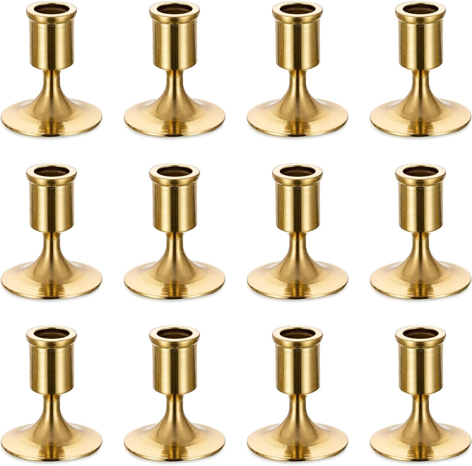 Romadedi 12-Piece Gold Brass Candlestick Holders for Taper Candles - Elegant Table Centerpiece for Weddings, Christmas Mantel Decor, Home Decoration & Holiday Celebrations
