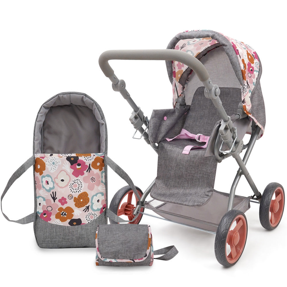 509 Crew Kelly Deluxe Doll Stroller with Melange Floral Design & Matching Bag - Perfect for Pretend Play, Outdoor Walks, and Gift Giving for Kids Ages 3+