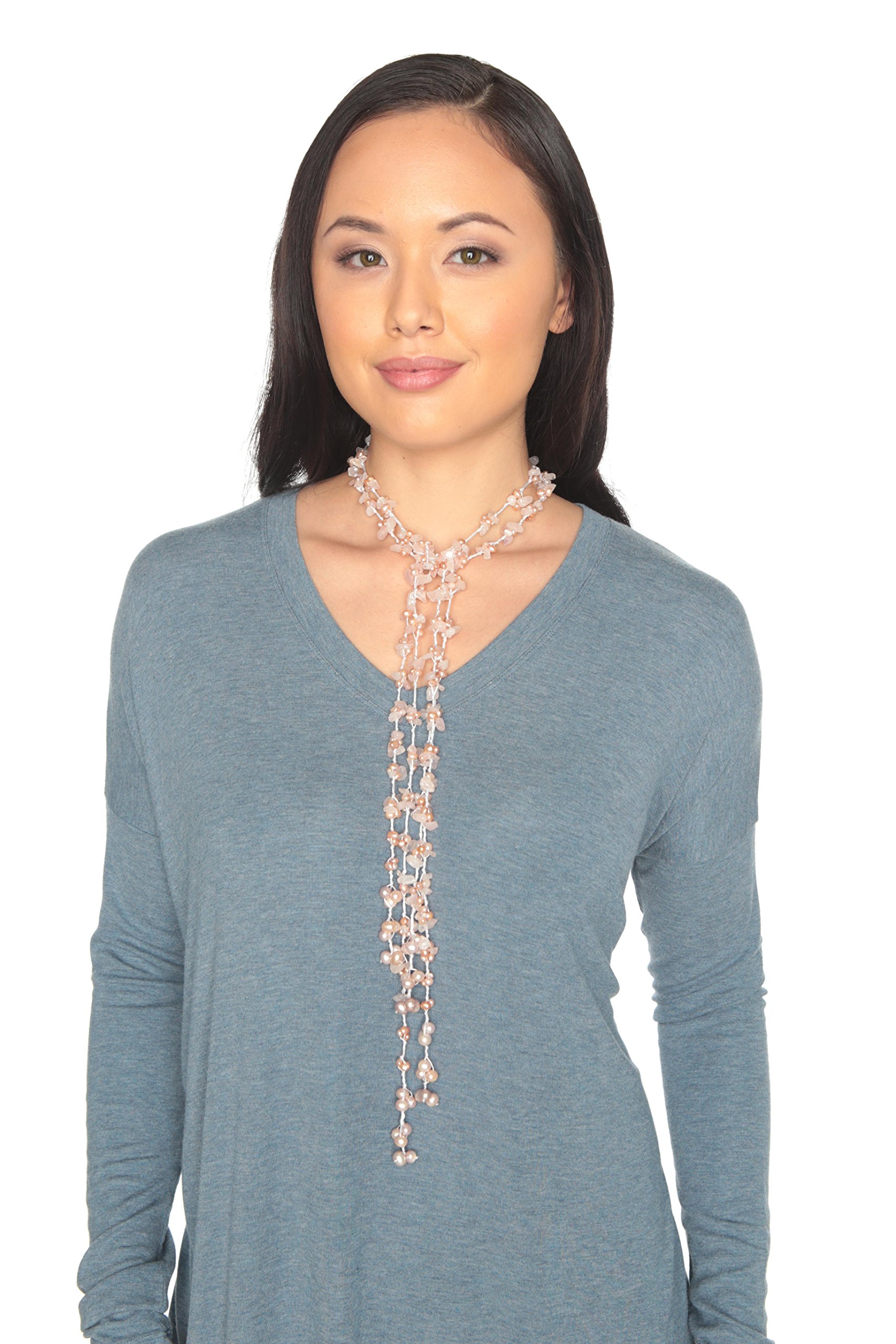 HinsonGayle 2-Strand Gemstone & Genuine Freshwater Pearl Lariat Necklace - 8 Color Options for Women, Elegant Layered Jewelry Gift for Birthday, Anniversary & Special Occasions