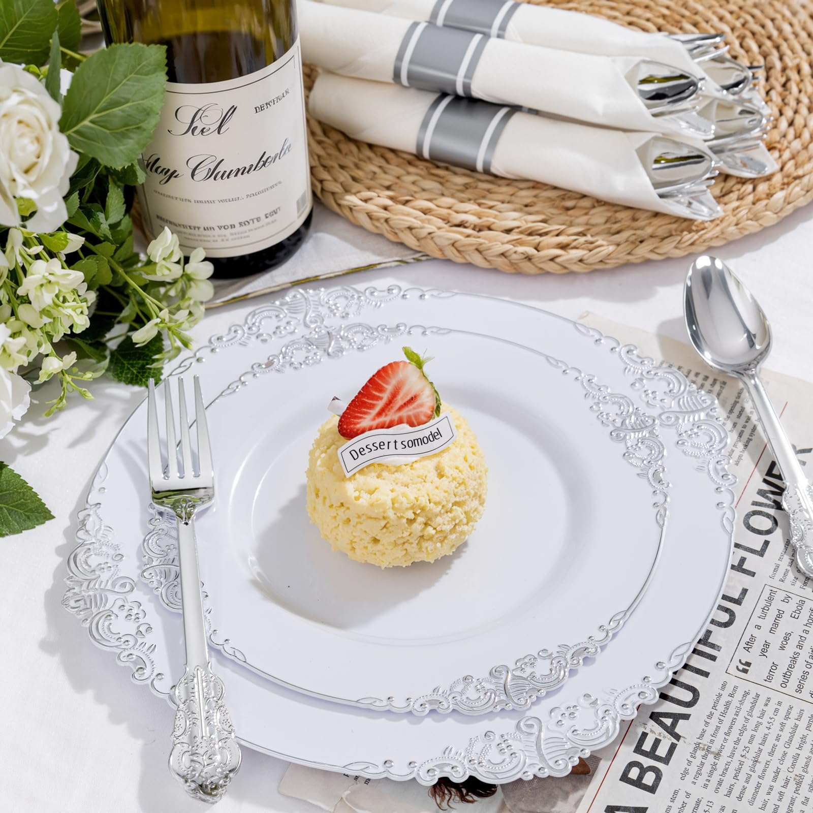Liacere 350-Piece Silver Plastic Dinnerware Set - 100 Disposable Plates, 150 Silverware, 50 Cups & 50 Pre-Rolled Napkins for Wedding, Party, Banquet - Elegant Disposable Tableware for 50 Guests