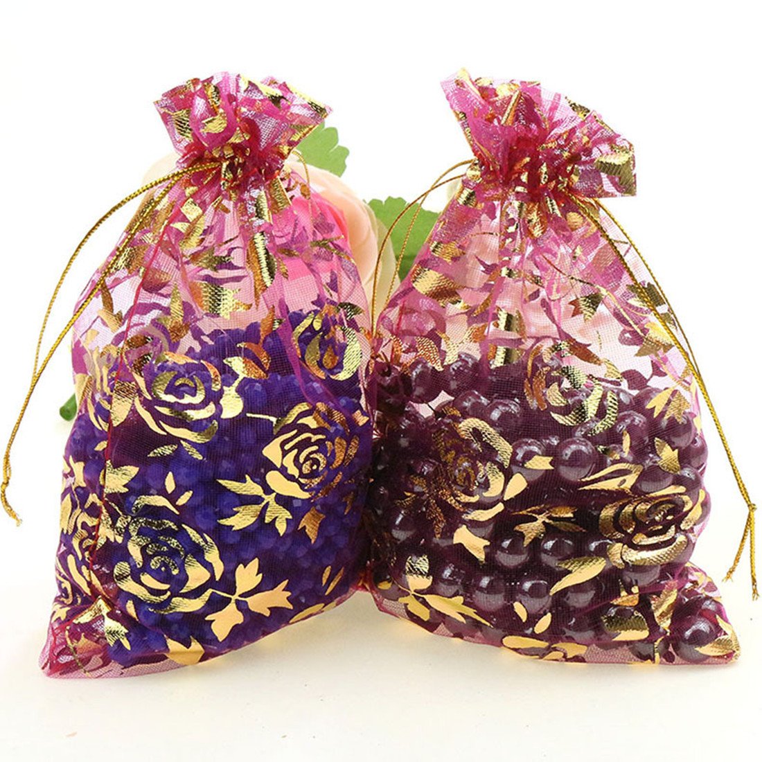 100pcs Rose Pattern Organza Wedding Favor Bags 6