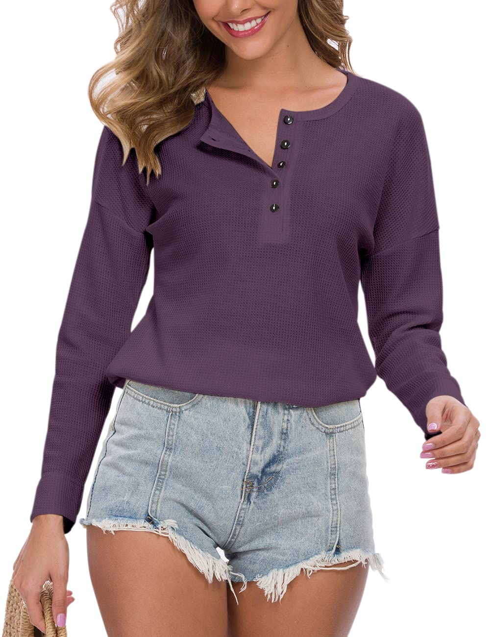 WNEEDU Women's Waffle Knit Tunic Top - Loose Fit Long Sleeve Button Up V-Neck Henley Shirt for Casual Wear, Office & Fall Outfits | Comfortable & Stylish Blouse for Everyday Fashion