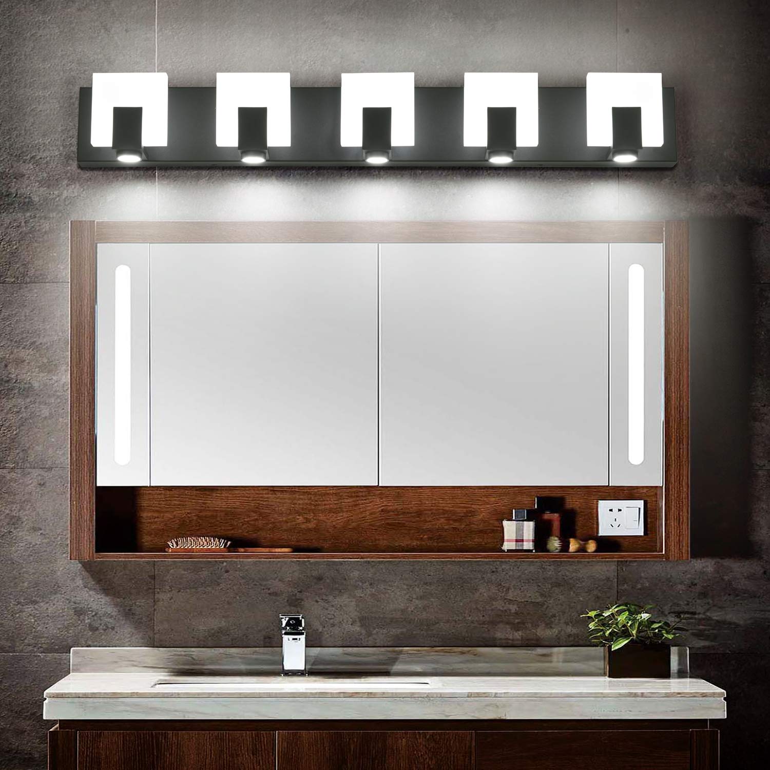 Dimmable Modern LED Vanity Light - 5-Light Bathroom Mirror Fixture with Acrylic Shade, Matte Black Finish & Waterproof Design for Bathroom, Powder Room & Dressing Area | SOLFART 7249