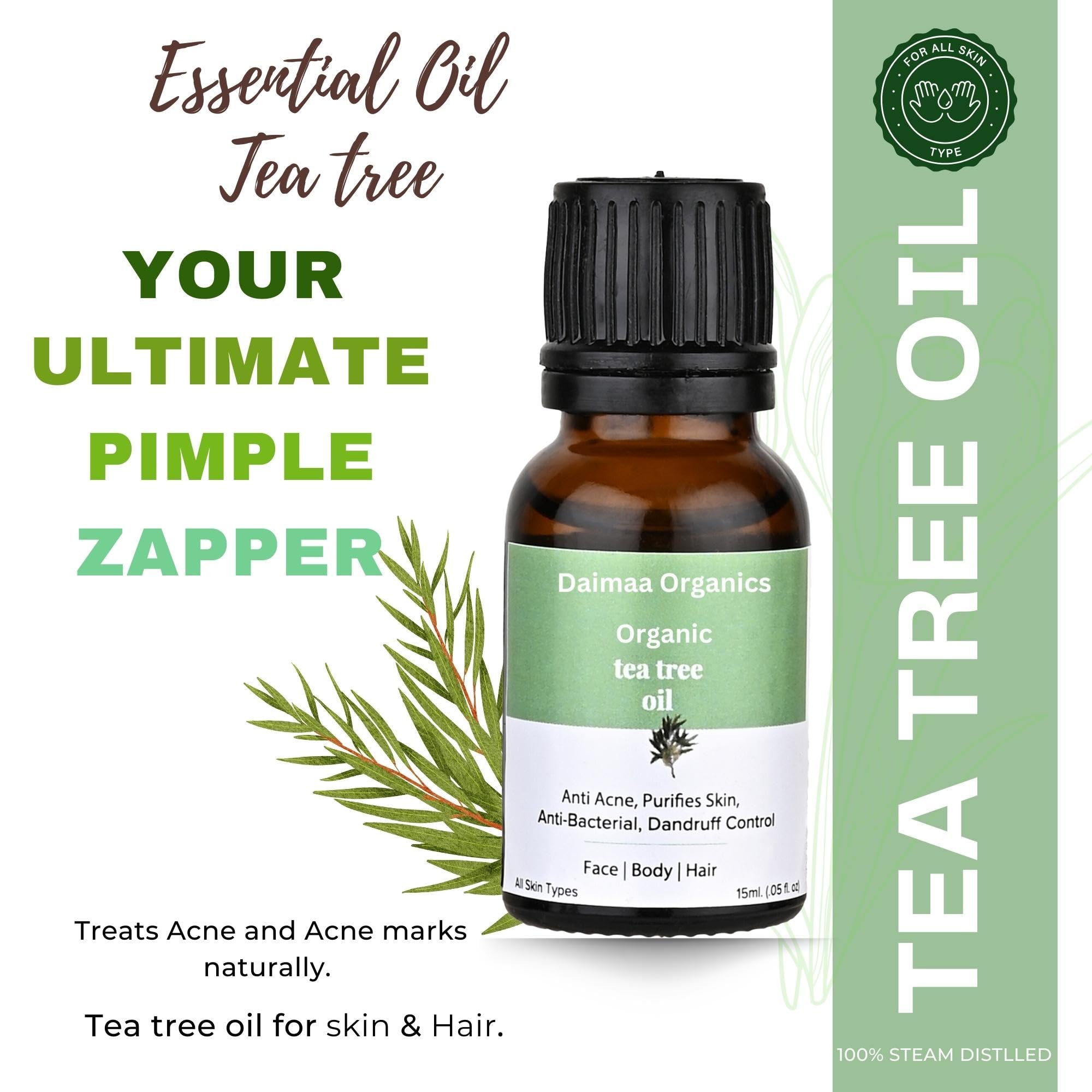 **Organic Tea Tree Essential Oil for Face, Hair & Body - 100% Pure, Steam Distilled, 15ml (Pack of 3) - Relaxing, Soothing & Calming for Skin Care, Aromatherapy & Stress Relief**