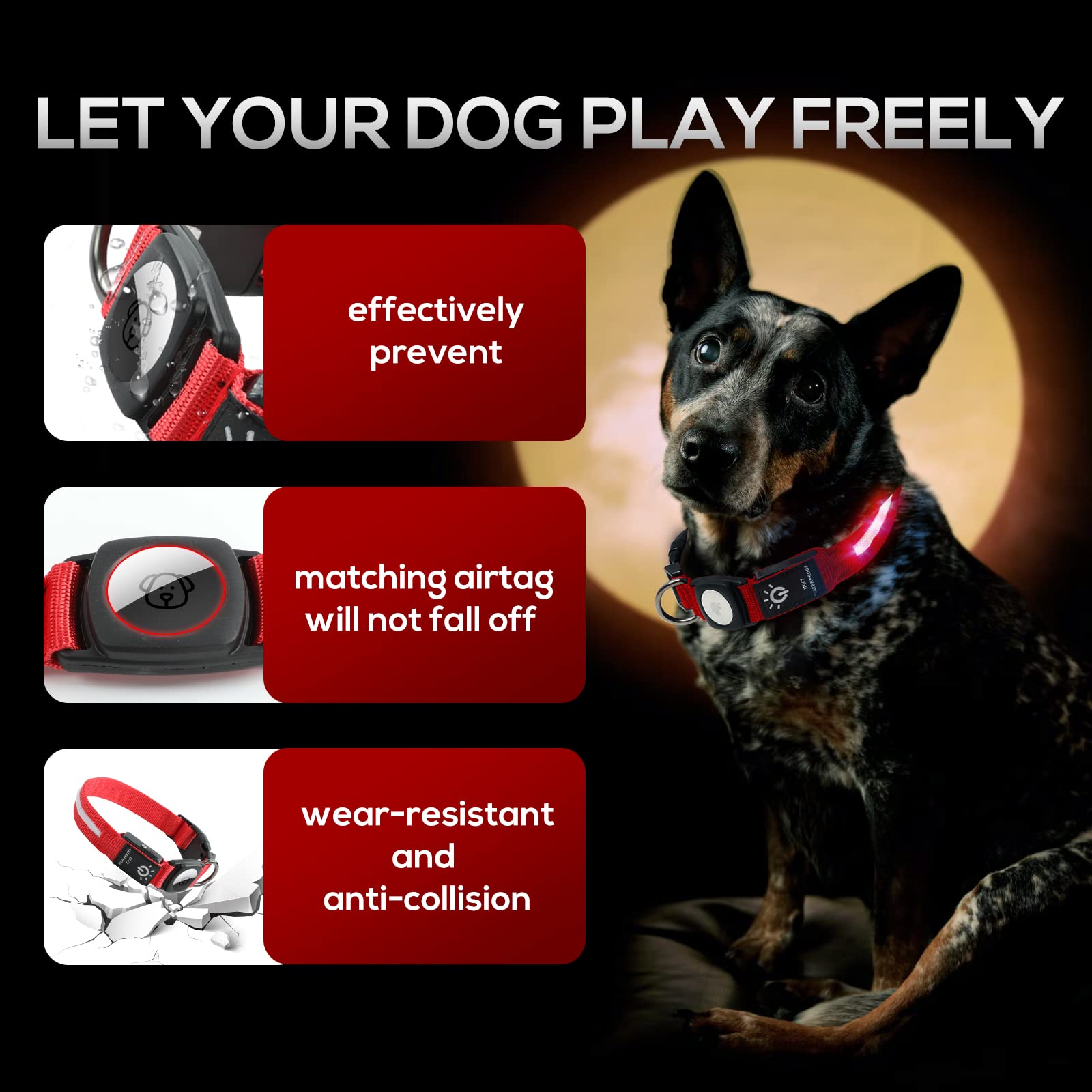 LED Air Tag Dog Collar with Light - IPX7 Waterproof & Rechargeable, Apple AirTag Holder Case for Small Medium Large Dogs - Perfect for Night Walks, Hiking & Pet Safety Tracking