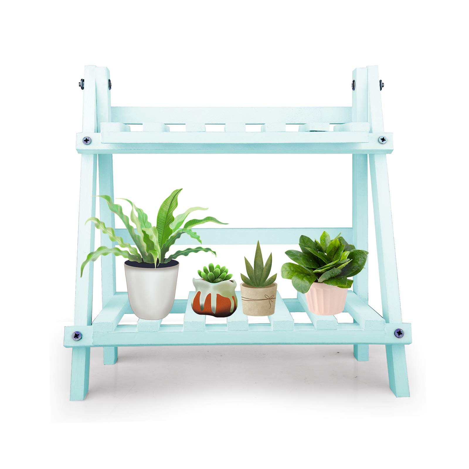 2-Tier Wooden Plant Stand - Foldable Free Standing Flower Pot Shelf Organizer for Balcony, Garden, Patio | Perfect for Indoor Herb Garden & Outdoor Plant Display (Green)