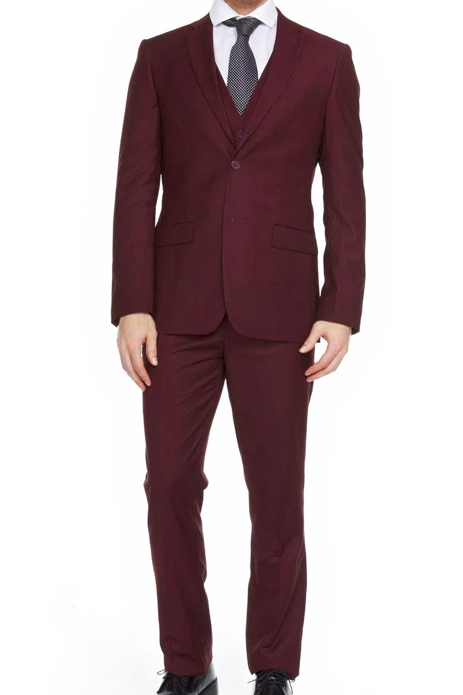 Lusso Uomo Modern Fit Burgundy 3-Piece Suit for Men | Wedding, Business & Formal Occasions