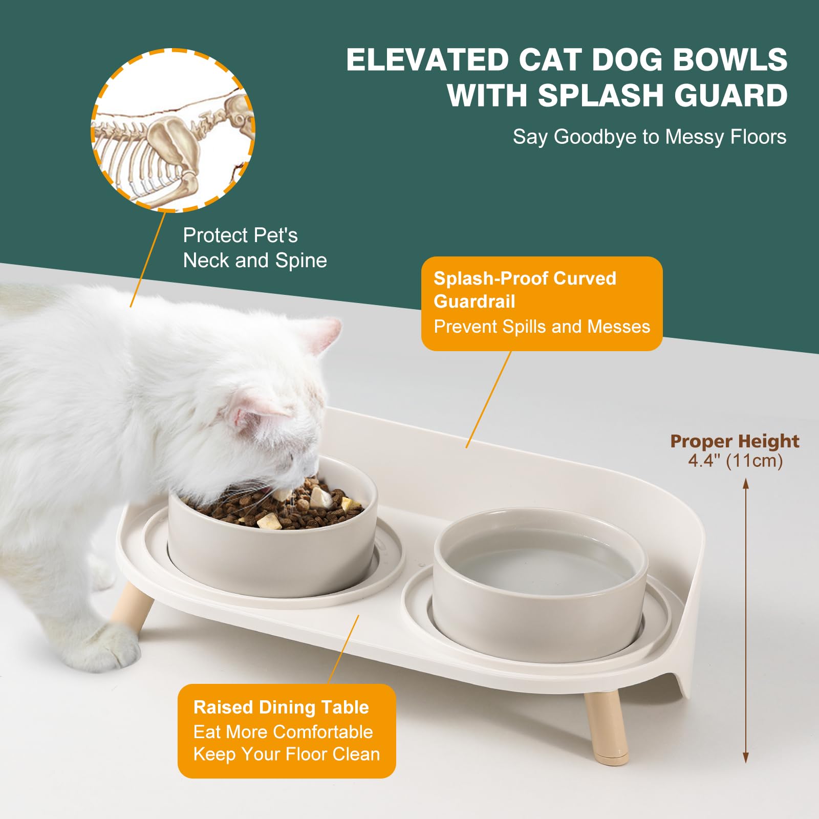 Elevated Ceramic Cat Bowl Set - Raised Double Dishes for Food & Water - Non-Slip Stand & Splash Proof - for Cats & Puppies - 2 x 480 ML (16.23 OZ) - Perfect for Healthy Posture & Mess-Free Feeding at Home